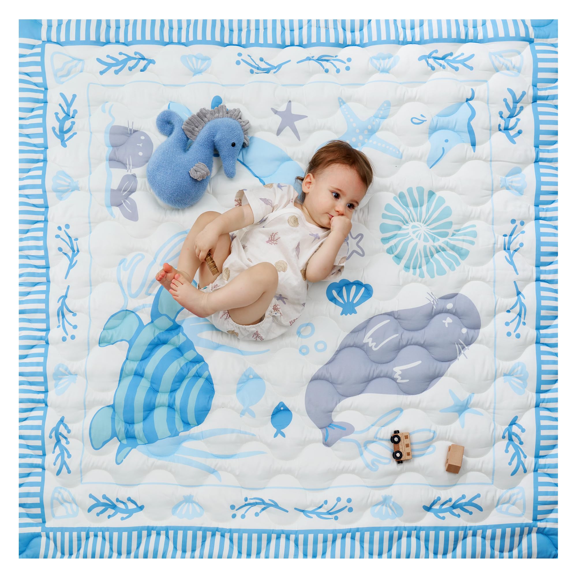 Momcozy Spielmatte Baby für den Boden, 127x127 cm verdickte Krabbeldecke, Spielunterlage für Baby Bauchzeit, wasserabweisend & rutschfest, Spielmatte Baby faltbar Outdoor mit Tragegriff, Ozean
