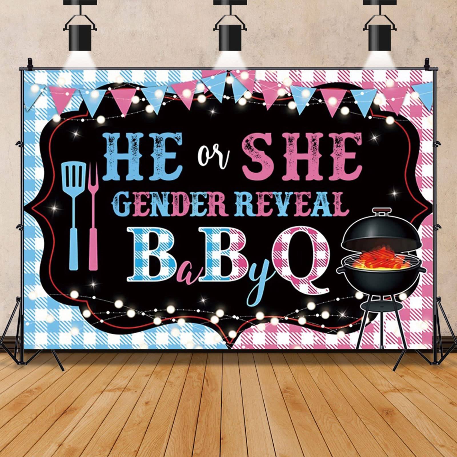 Yeele 5x4ft Baby Gender Reveal Backdrop He Or She Baby Q Baby Shower Pink Blue Photography Background Newborn Celebration Decoration Banner BBQ Party Photo Booth Props
