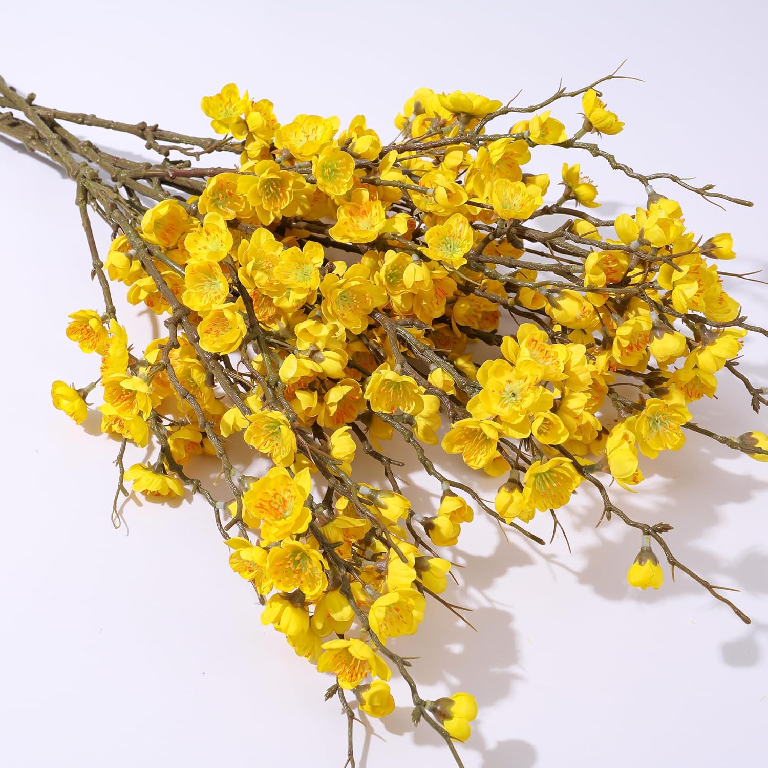 florisso 6 PCS Artificial Cherry Blossom Branches Spring Indoor Decoration, Faux Yellow Silk Flowers 34.45" Long Stems Real Touch Plum Fake Peach Plants for New Year Wedding Home Bedroom Table Office