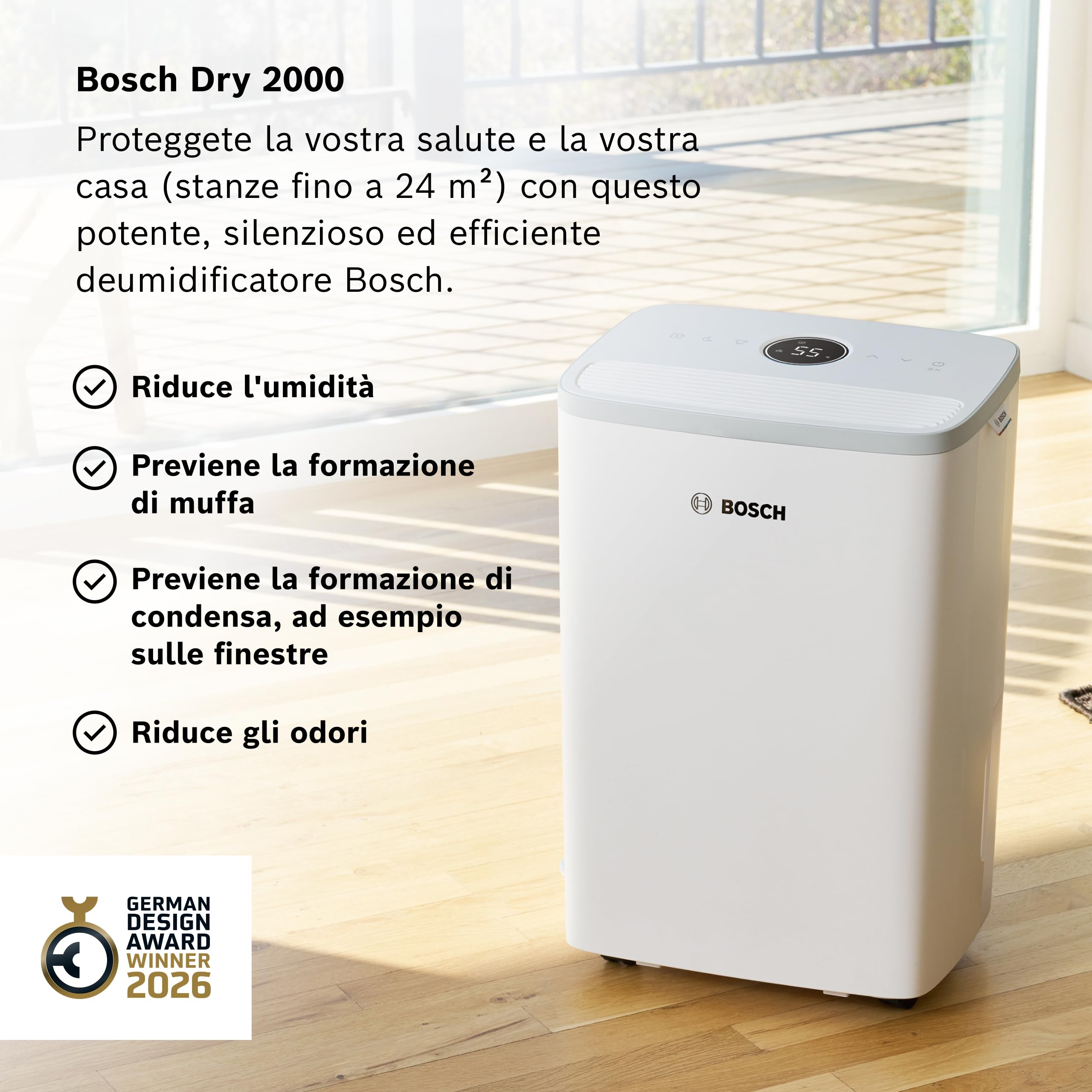 Bosch Dry 2000 - Deumidificatore - Facile. Efficiente. Tranquillo. Per la tua casa e la tua camera da letto - Per Stanze fino a 24 m² - Asciugatura rapida per il tuo bucato