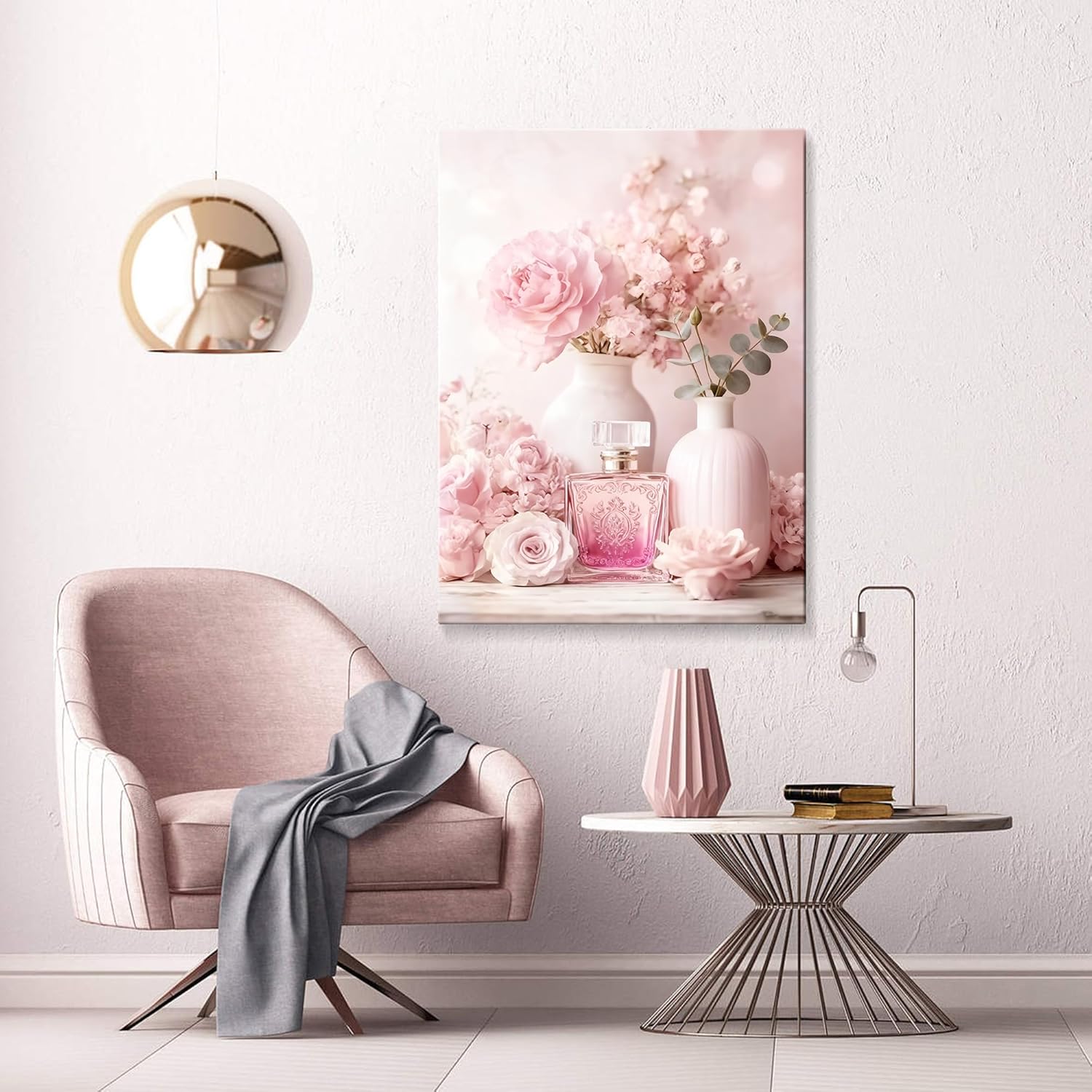 Valentine’s Day Framed Canvas Wall Art,Pink Romantic Rose Floral Canvas Print with Perfume, Elegant Home Décor for Bedroom & Living Room (24x36in)