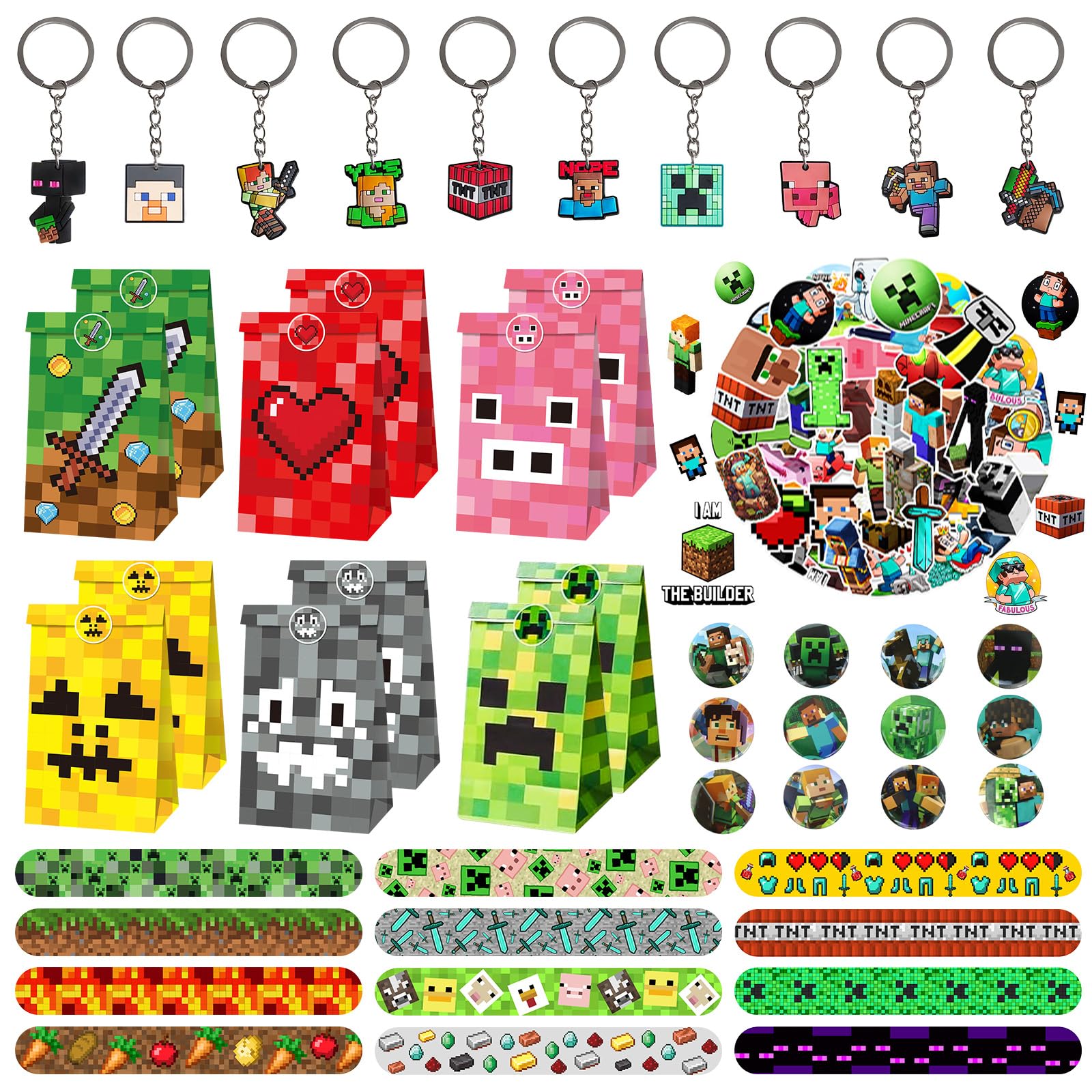 Kit Cadeaux Anniversaire Jeu Vidéo - 52 Pièces Avec Porte-Clés, Bracelets Claque, Stickers & Sacs
