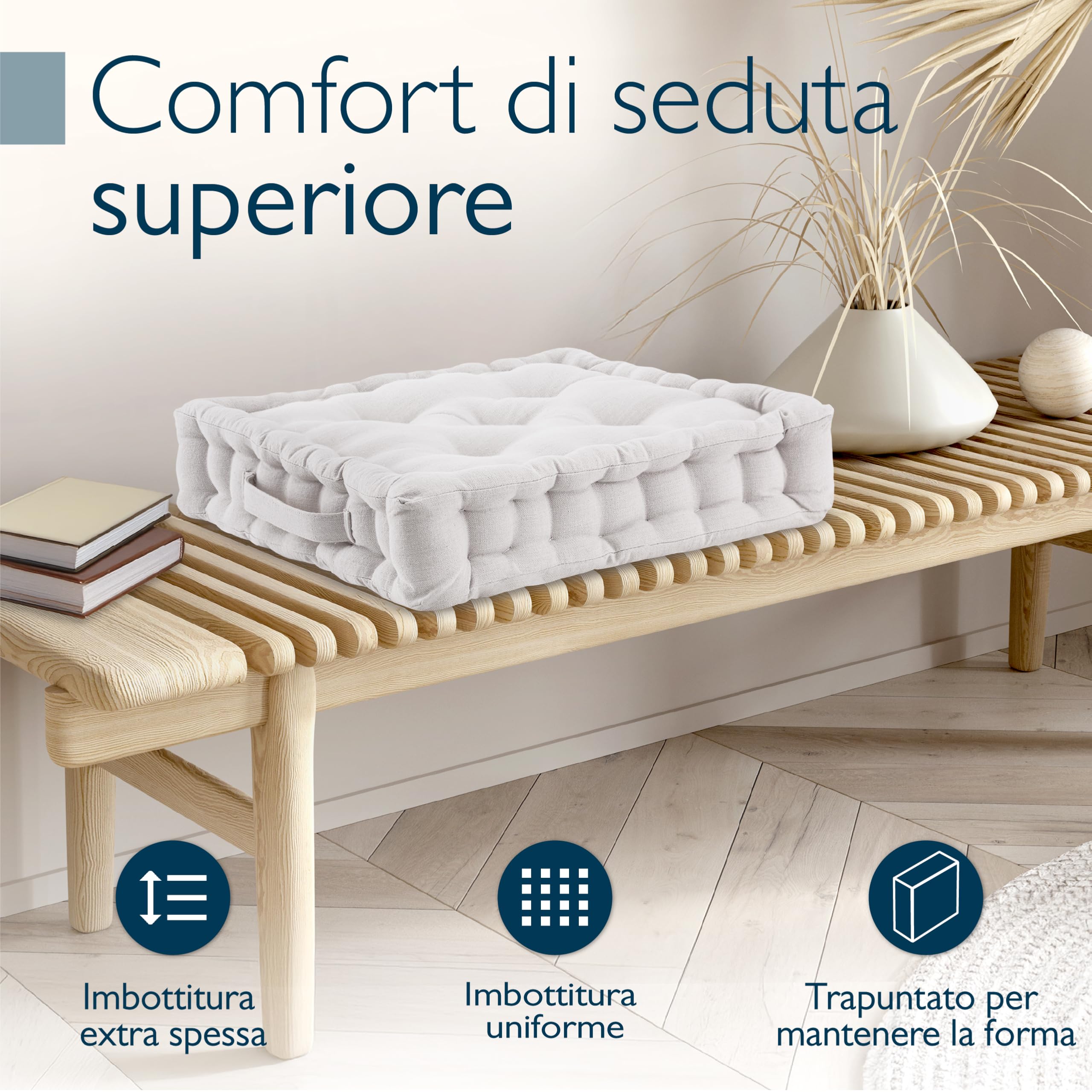 Beautissu Set di 4 cuscini da pavimento in cotone per sedia da interno | 40x40cm naturale materasso spesso 8cm 100% con maniglia da esterno Cuscino seduta Mila