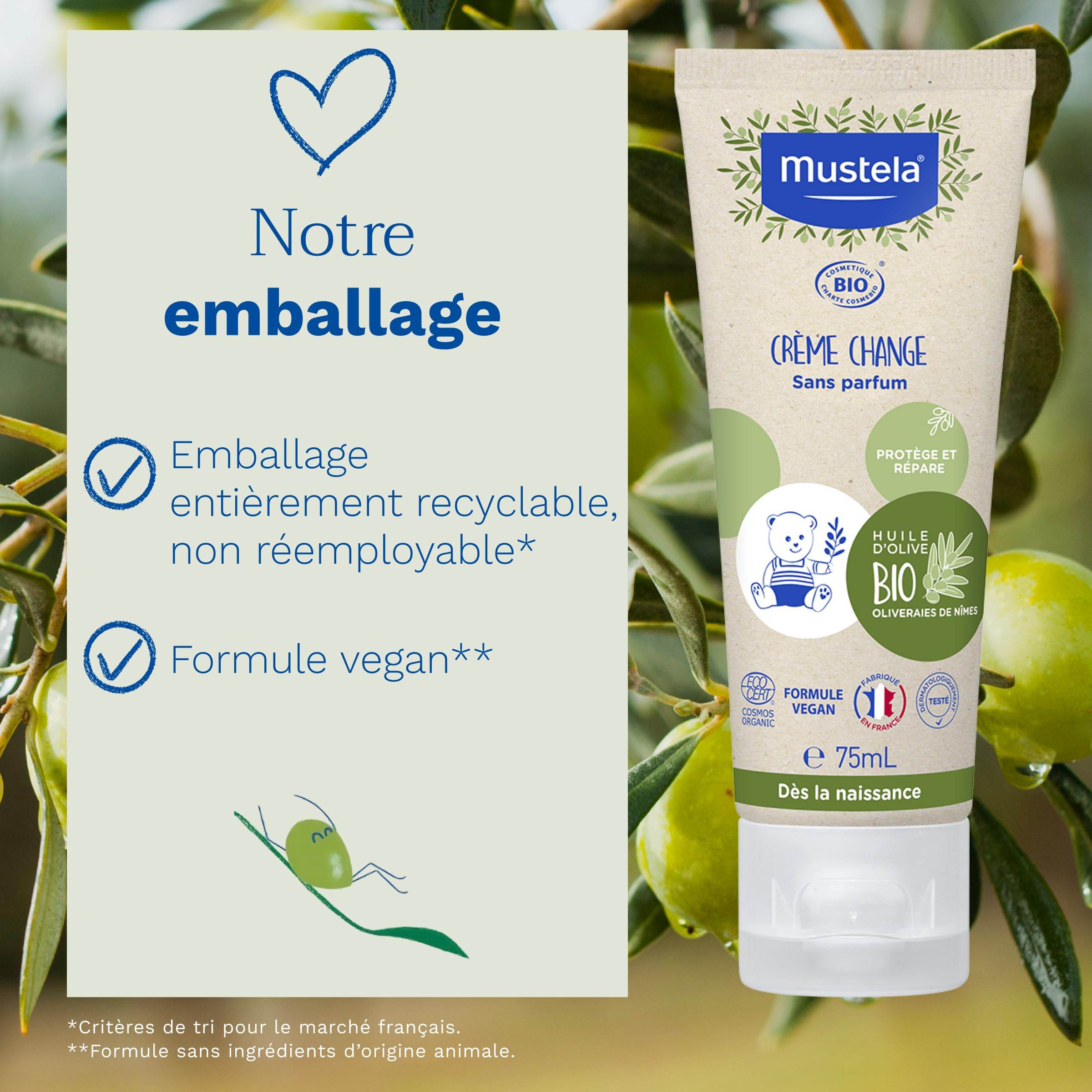Mustela - Crème Change Bébé à l'Huile d'Olive Bio - Soin Protecteur et Apaisant Bio - Huile d'Olive, Aloe Vera et Oxyde de Zinc - Crème Change pour l'Hygiène Bébé Sans Parfum - Dès la Naissance