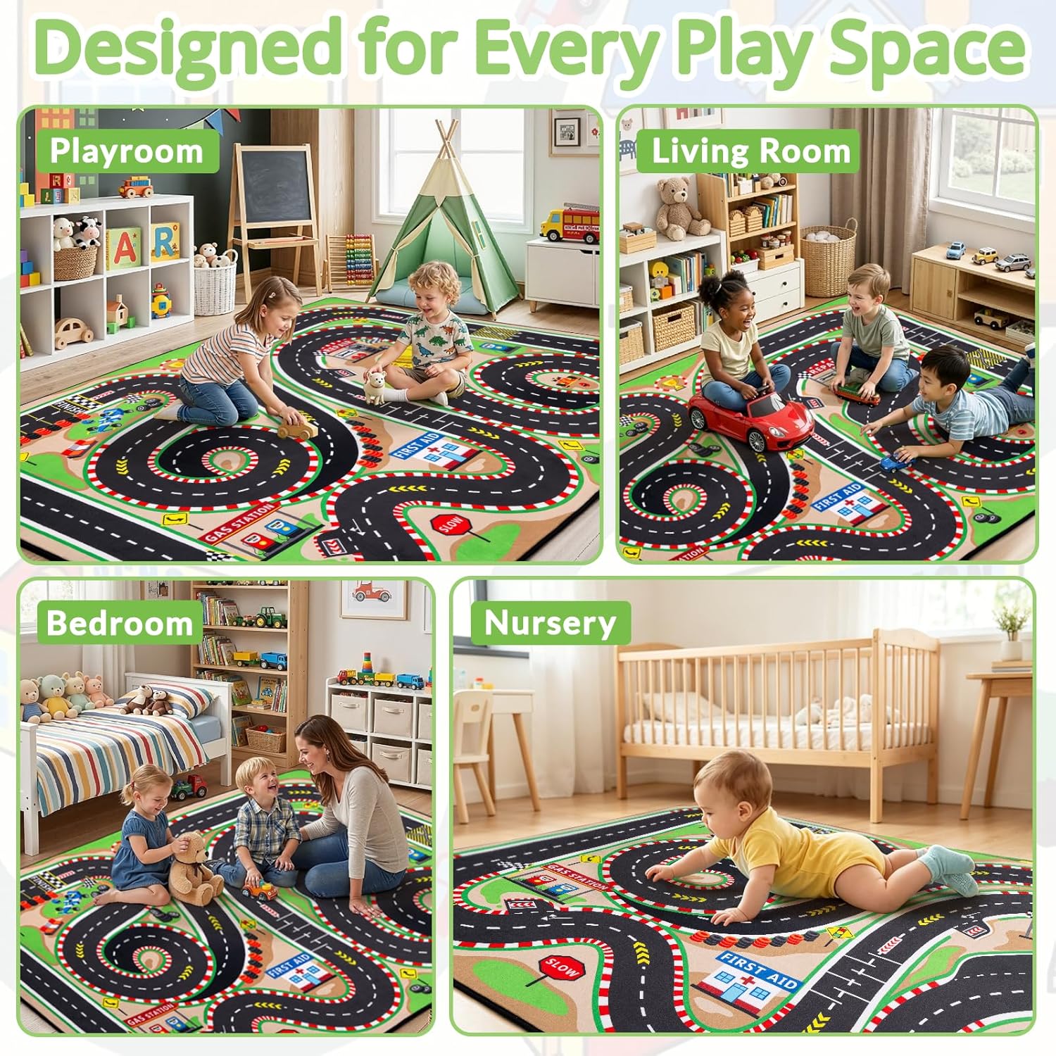 Kids Rug, 3x5 Ft Race Track Car Rug for Kids – Extra Thick 0.4in Soft Non-Slip Racing Car Carpet Play Mat with 3D Track Design for Toy Cars, Playroom, Bedroom & Living Room