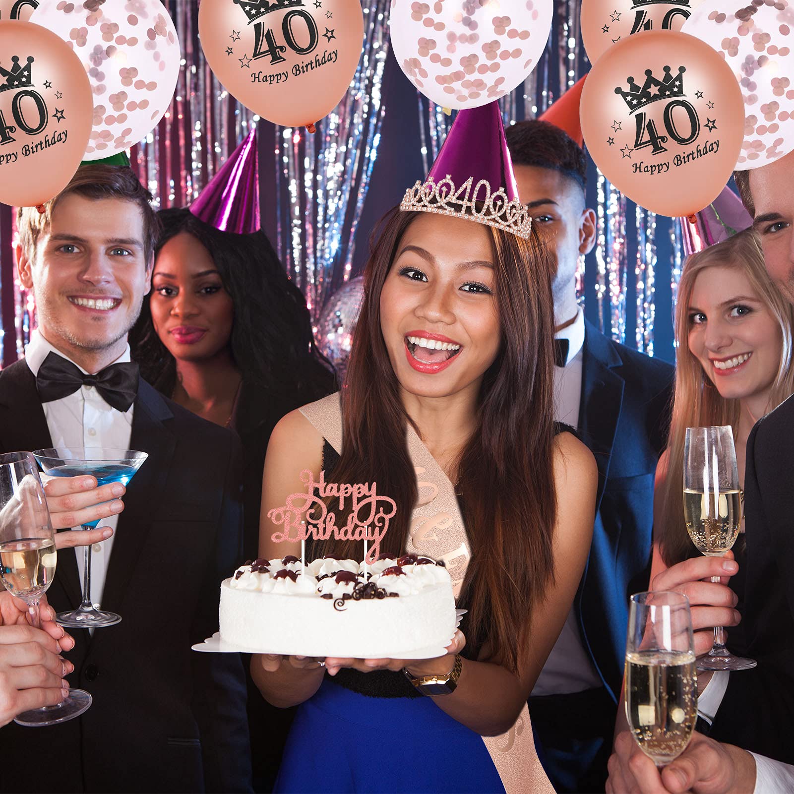Set Compleanno 30 Anni Donna - Fascia Oro Rosa, Tiara Con Strass, Spilla, Palloncini E Topper Per Torta - 2