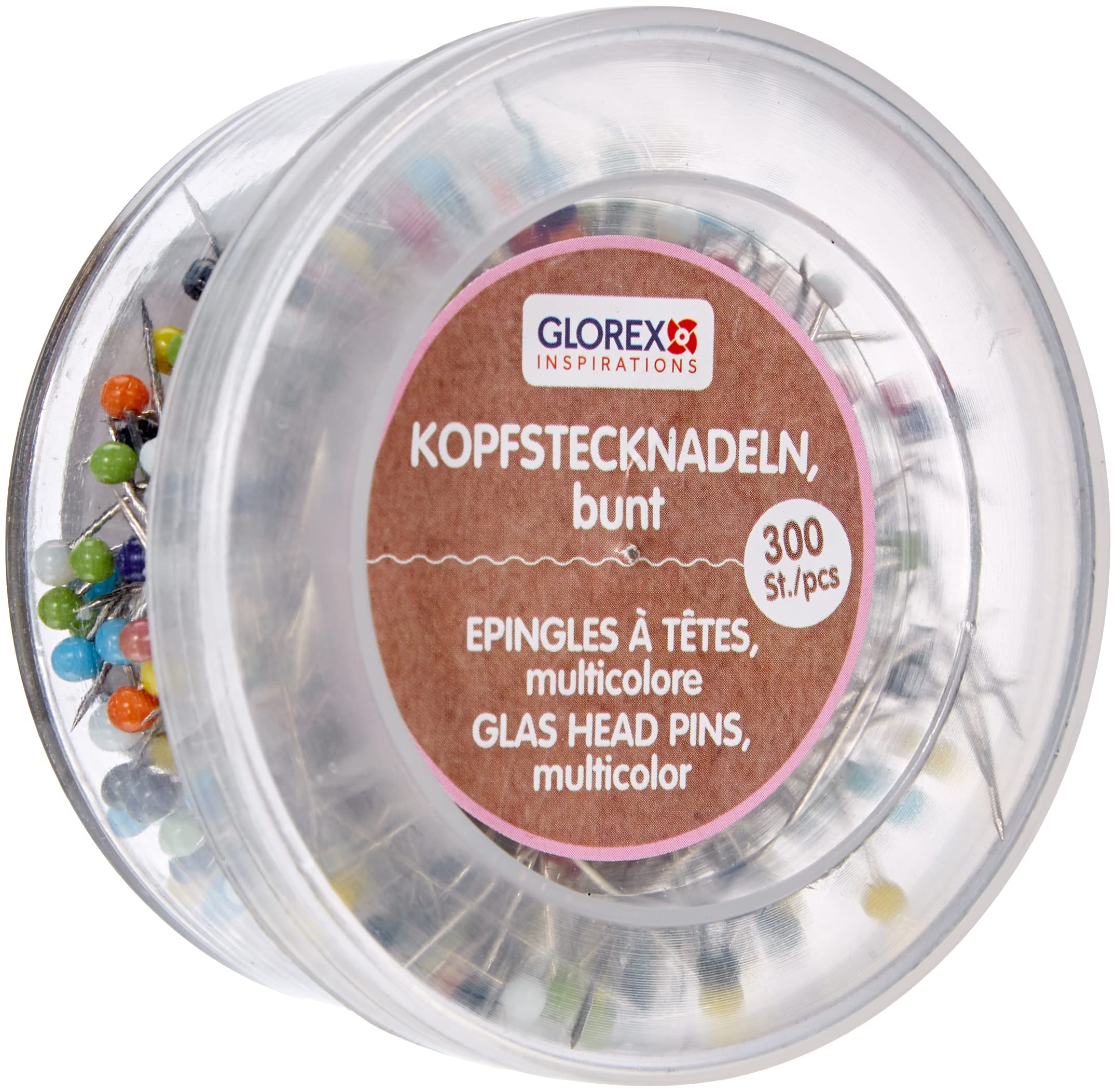 Glorex Kopfstecknadeln, Stecknadeln mit Perlenkopf – Döschen mit 300 Stück, bunt, 30 mm x 0,65 mm