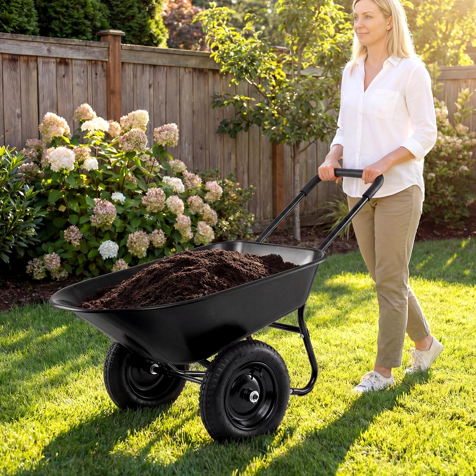 TANTASK Schubkarre 2 Räder, 78L, Gartenkarre mit Kippfunktion, Bauschubkarre Metallrahmen, 100 kg Tragkraft, Gartenschubkarre, Schiebkarre, Transportkarre für Garten & Hof (Schwarz)