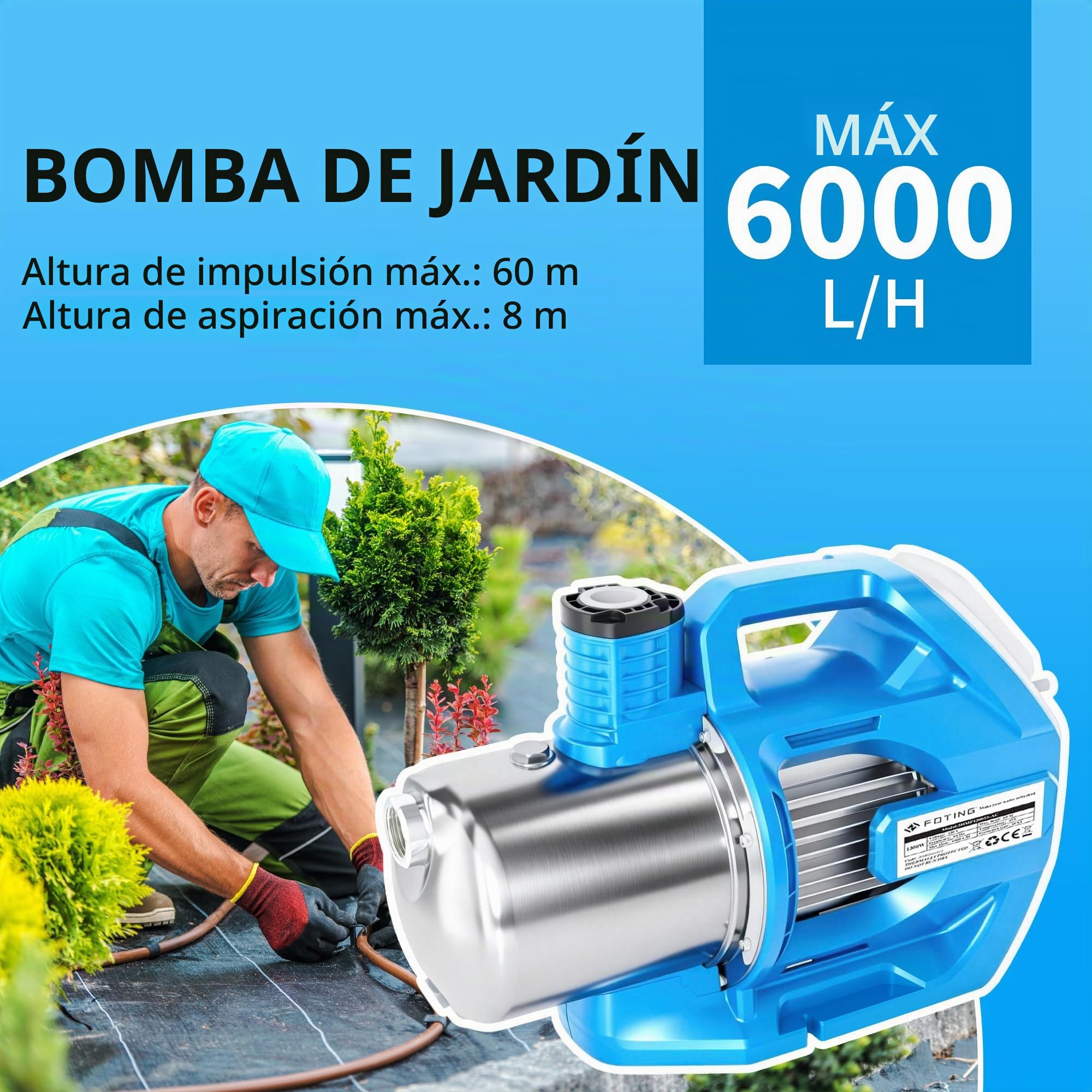 FOTING Bomba de jardín INOX - Bomba de riego alta presión con pantalla LCD y 3 botones, prefiltro (1300 W, caudal máx. 6000 l/h, presión 6 bar, altura máx. 60 m, aspiración 8 m)