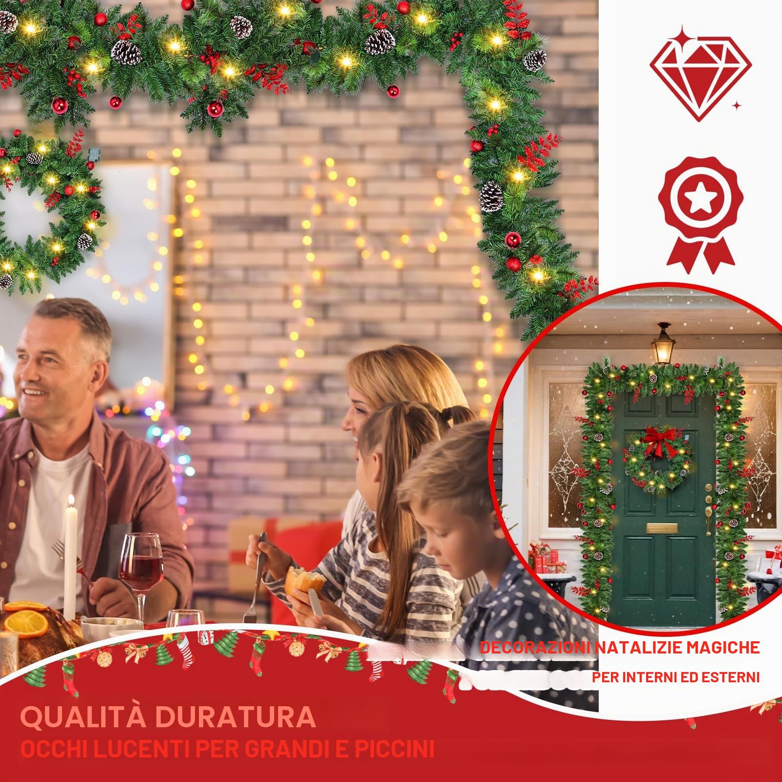 Ghirlanda Natalizia per Porta: 2,7M Ghirlanda Natale Decorazioni Artificiale con 30 LED, Scatola Batteria con Timer Impermeabile, Decorazione Natalizia per Balcone, Casa, Scale, Camino