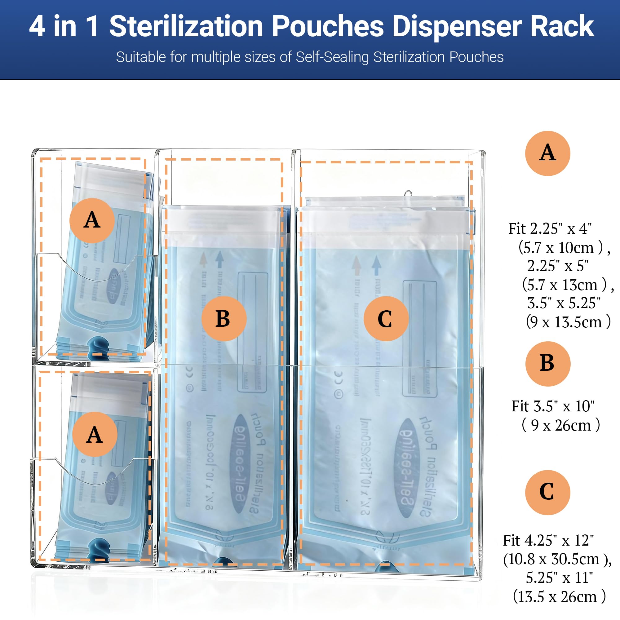 Bolsas de esterilización acrílicas, 4 compartimentos, para autoclave, organizador de bolsas para clínicas dentales, veterinarios y salones de uñas, transparente, 34,8 x 11,5 x 30 cm