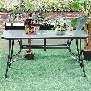 Outdoor Rectangle Dining Table Tempered Glass Top with Parasol Hole for Garden Patio Balcony Backyard Black, 150 * 90 * 72cm