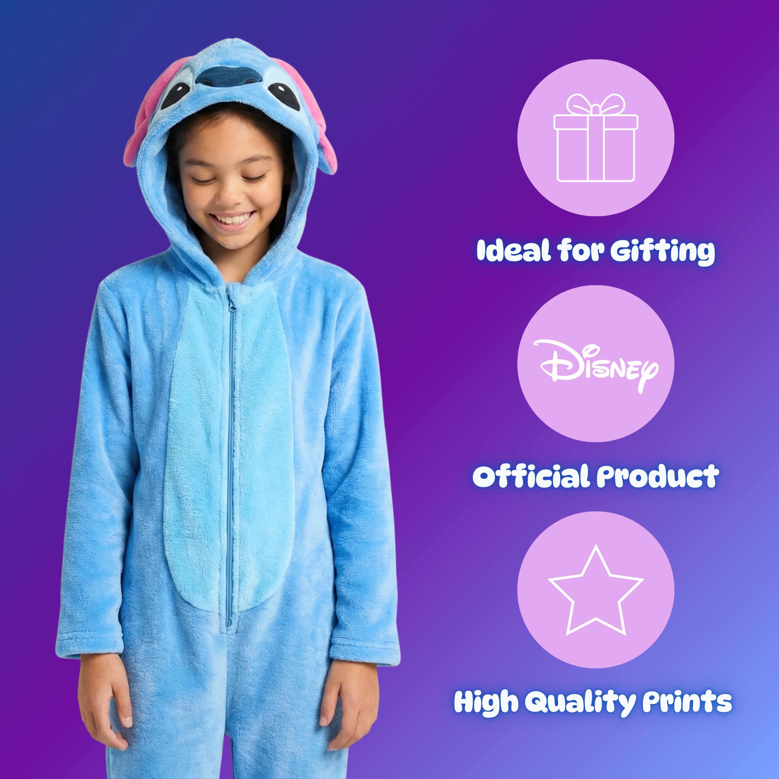 Disney Stitch Pyjama pour Fille, Pyjama Une Pièce à Capuche 3D en Polaire Douce, Cadeau pour Filles et Adolescents, Tailles 6 à 12 Ans