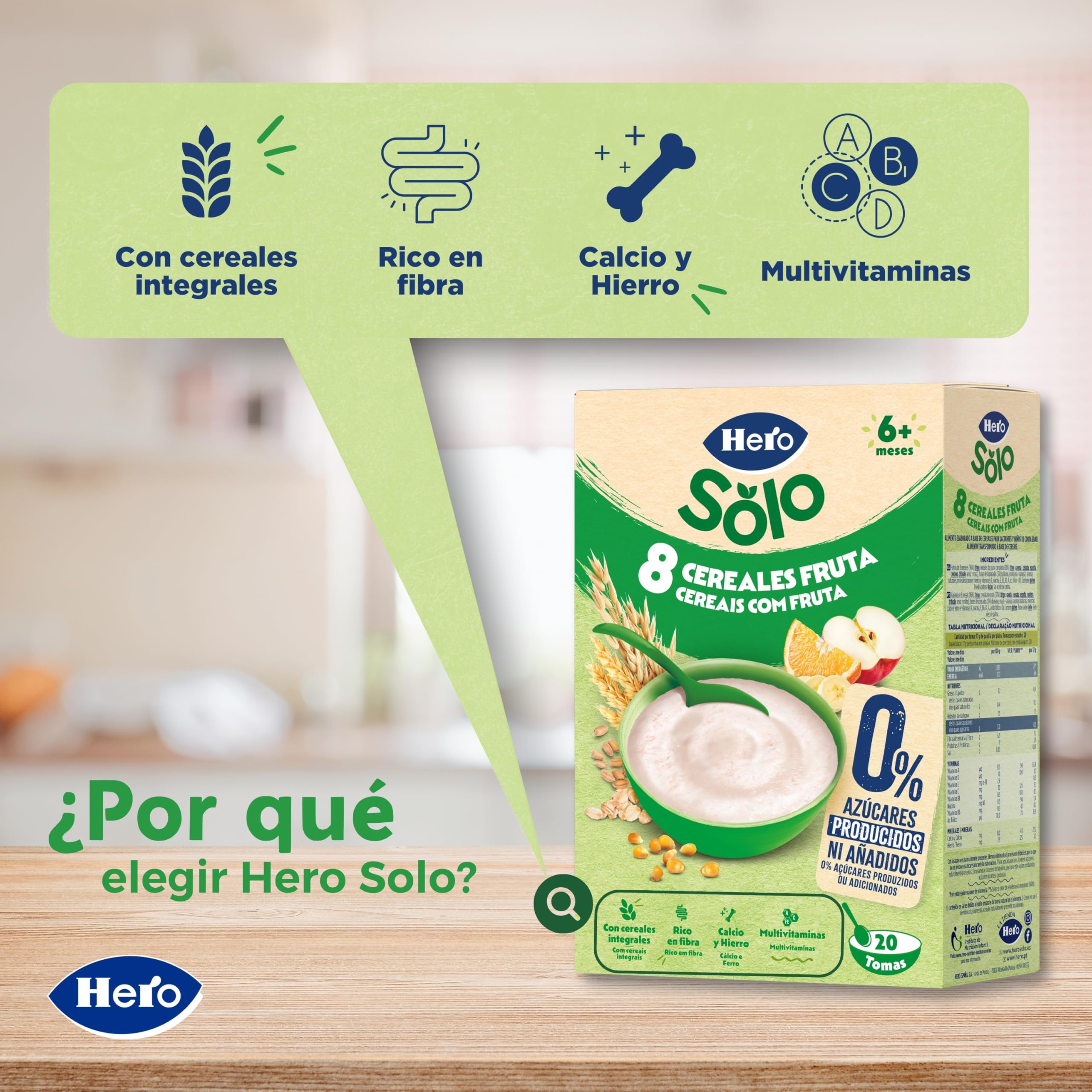Hero Solo Papilla 8 Cereales con Fruta, Sin Lactosa, Rico en Vitaminas, Sabor Natural para Bebés, a partir de 6 meses