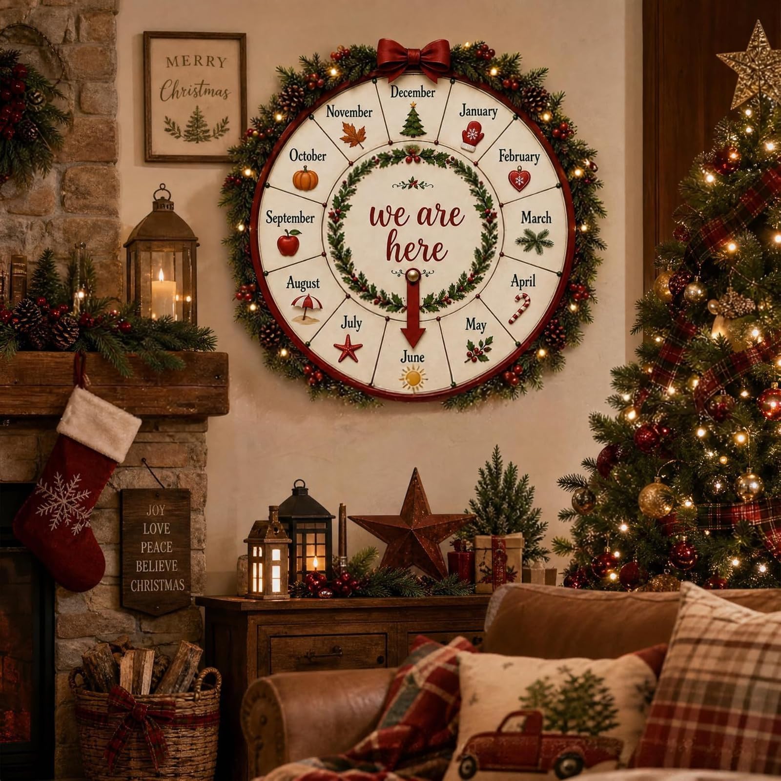 Rueda de cuenta regresiva de madera para decoración de navideña con puntero móvil, acento gráfico navideño en para estante, repisa, entrada, decoración de rueda de Adviento, cartel de de