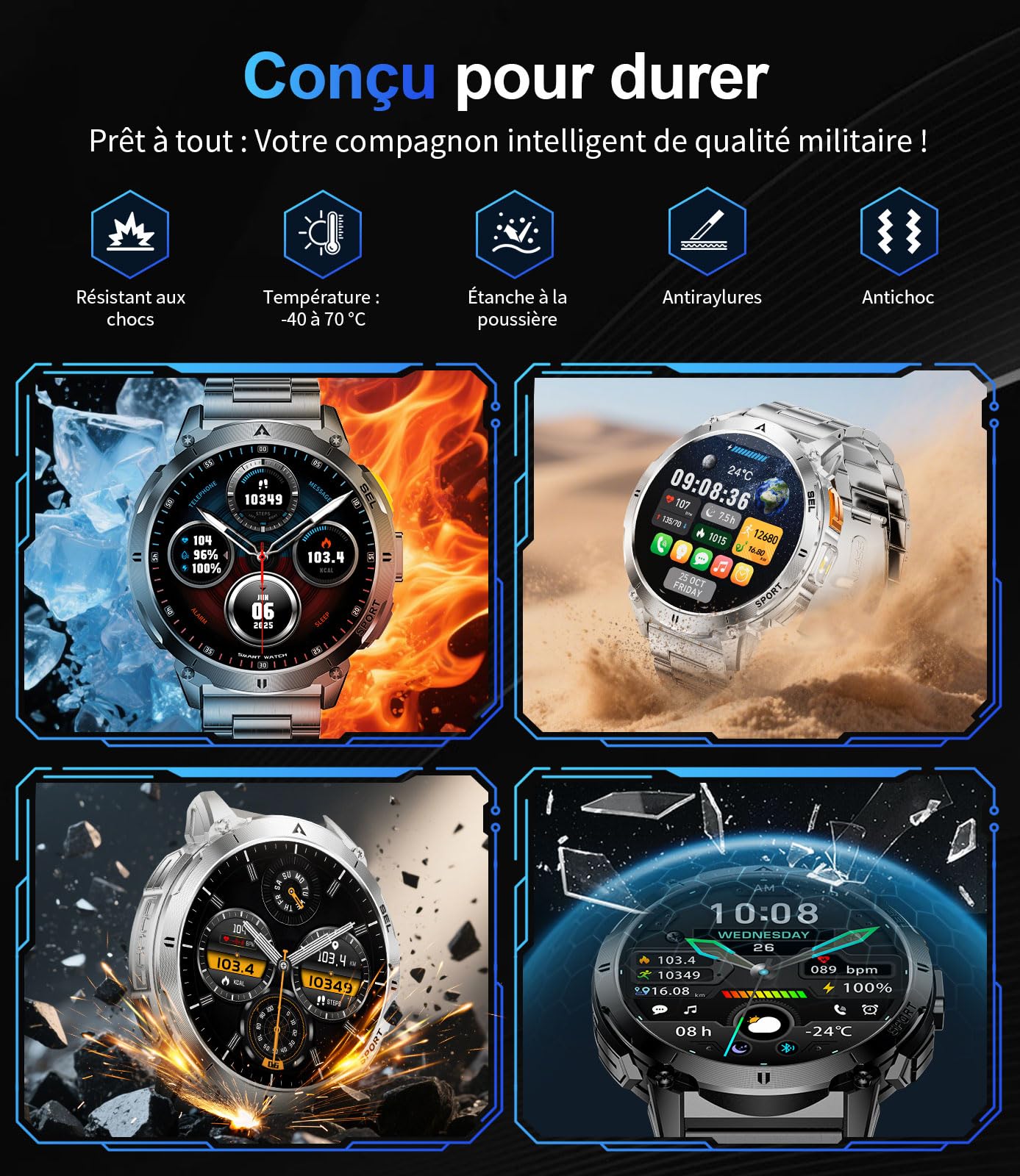 Montre Connectée Homme avec Appels Bluetooth et Écran HD AMOLED 1.62", Étanche IP68 et Batterie 730mAh Smartwatch avec 110+ Modes Sportifs/Sommeil Moniteur pour Android iOS, 2 Chargeurs(Type-C, USB)