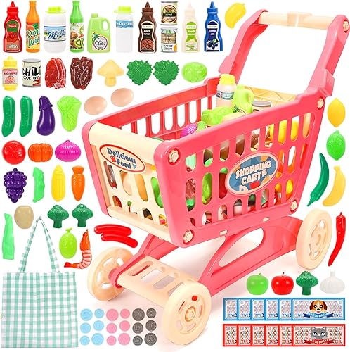 Tagitary Carrito de compras de juguete para niños, 82 piezas de carrito grande de comestibles con bolsa de compras, incluye verduras de comida para