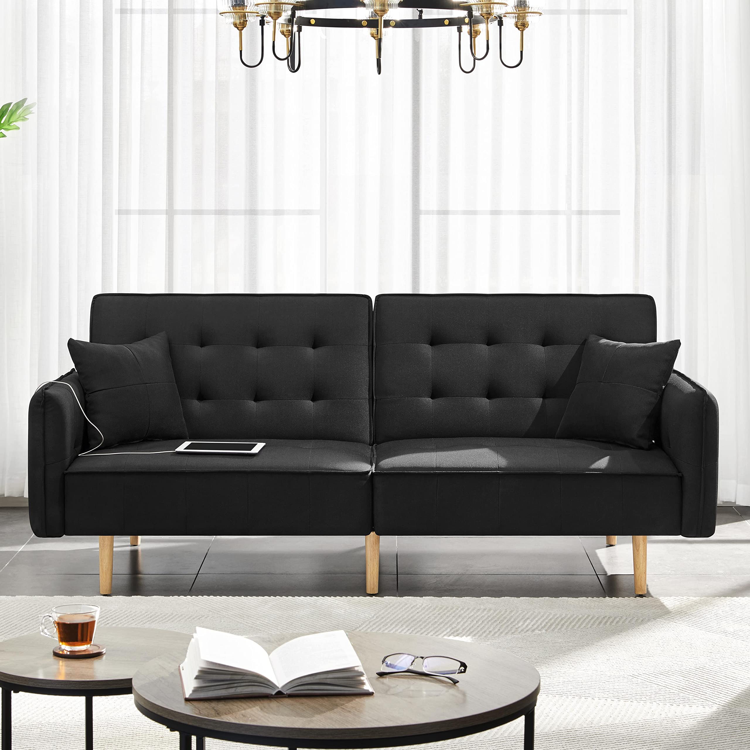 Yaheetech Futon Sofa Bed with USB Ports Futon Couch Futon Daybed Sleeper Sofa for Living Room Convertible Futon Bed Adjustable Futon Bed Linen Fabric Tufted Split-Back Daybed, Black