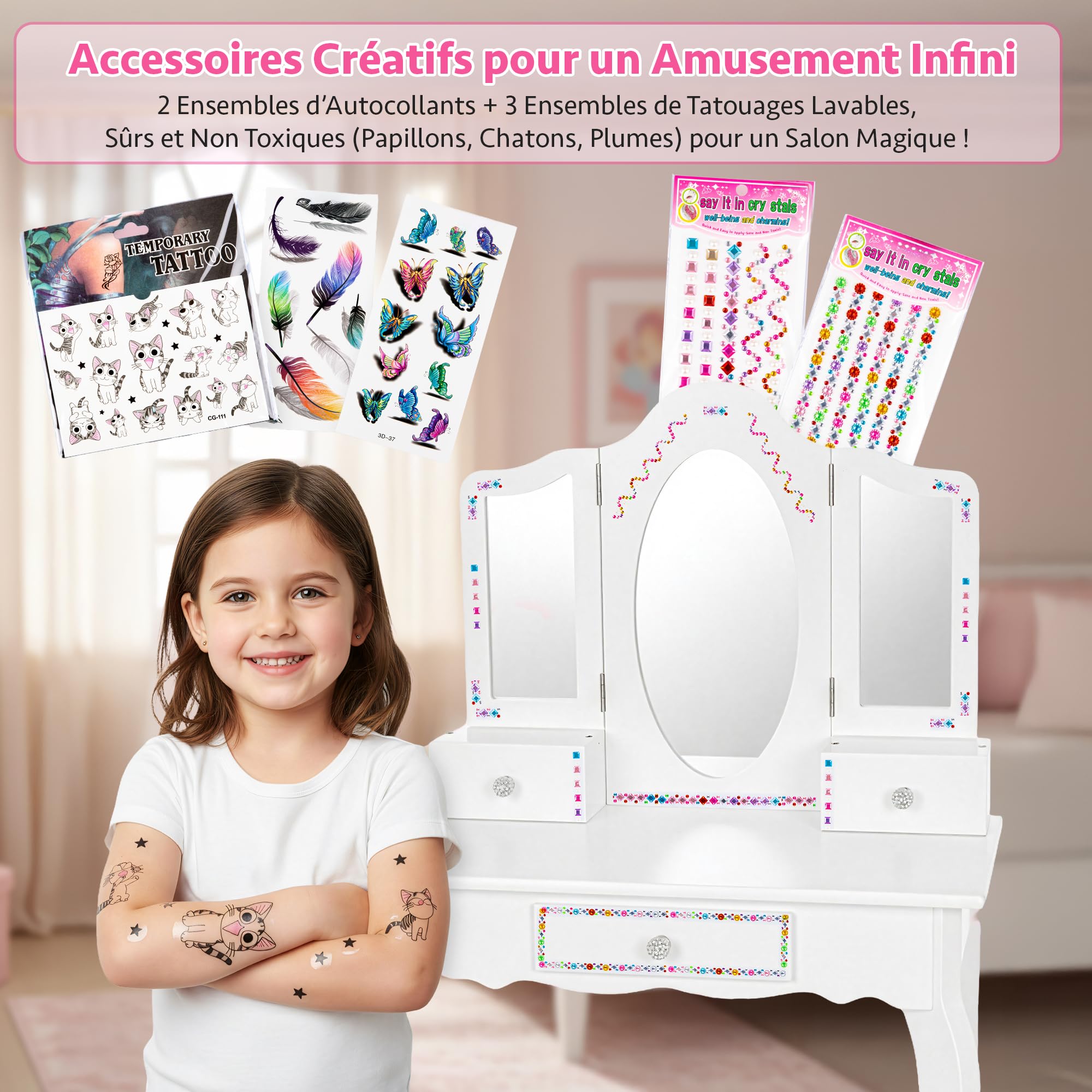 Green series Kinderplay Grande Coiffeuse en Bois pour Fille avec Miroir – Coiffeuse Blanche pour Enfants