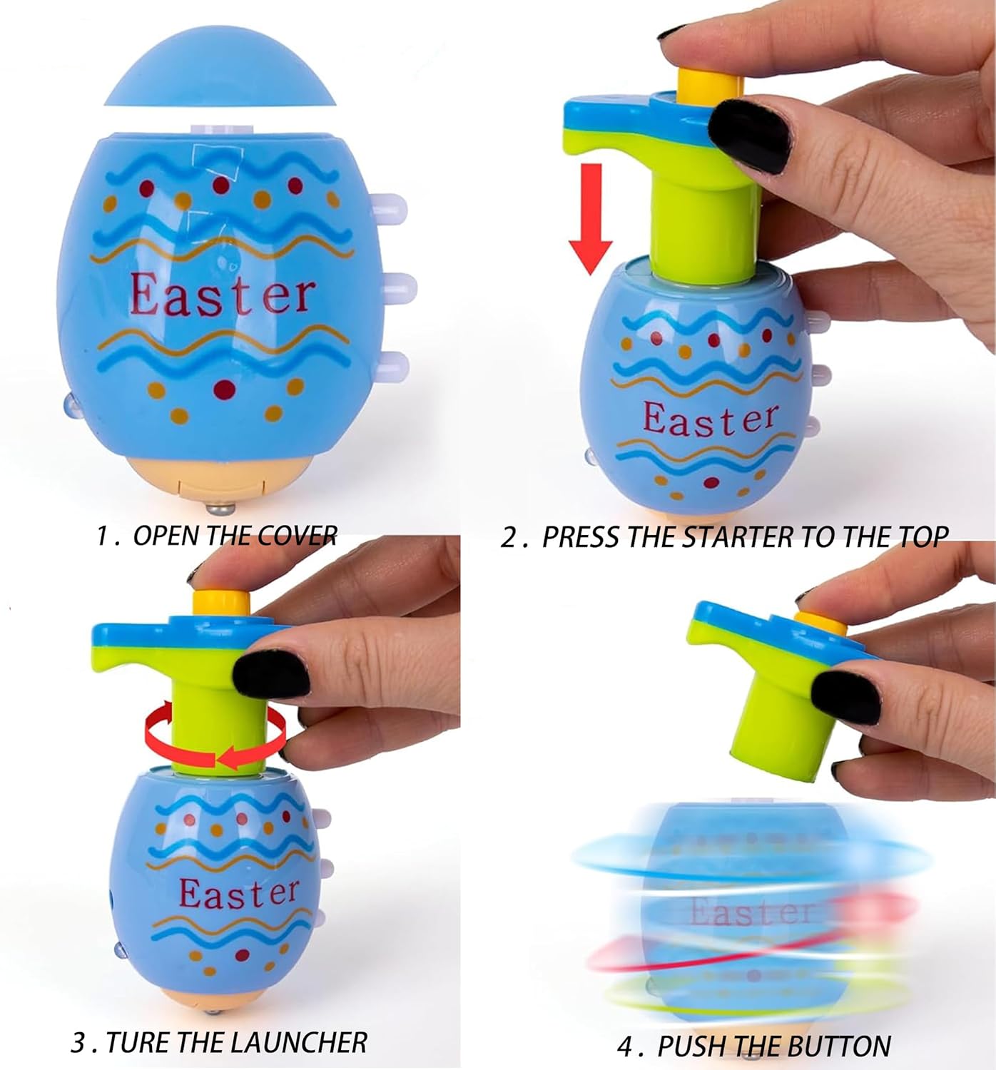 Easter Eggs Basket Stuffers Toys Gifts for Toddler Boys Girls,4 Pack Light up Spinning Tops with Music, Spring Easter Egg Hunt Party Favor Supplies Goodie Bag Filler Kids