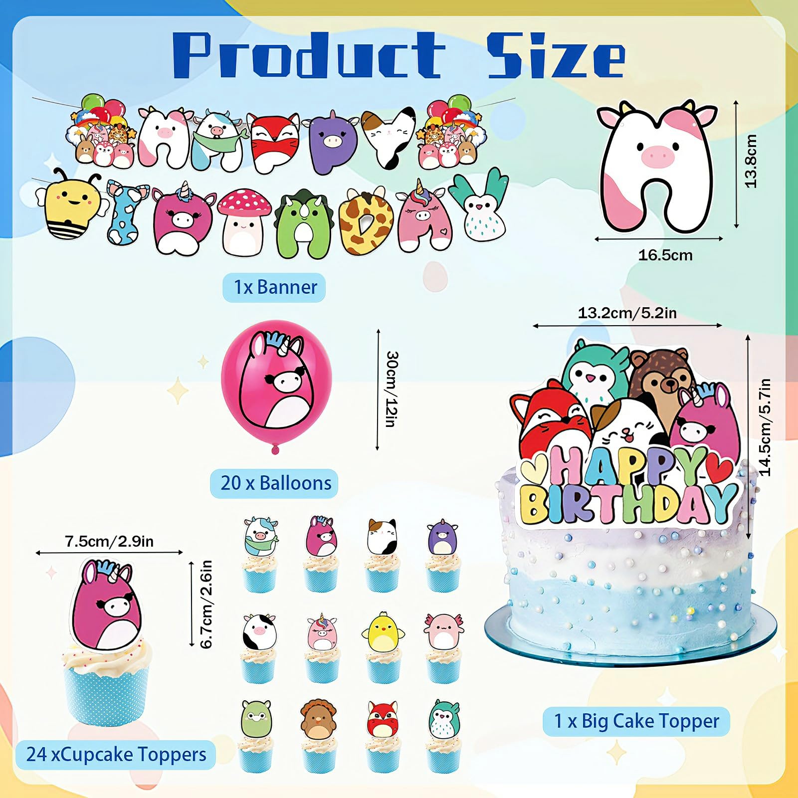 46PCS Cartoon Birthday Party Decorations, Party Supplies Include Birthday Banner Cupcake Toppers Latex Balloons Cake Topper Kids Boys Girls - Image 2