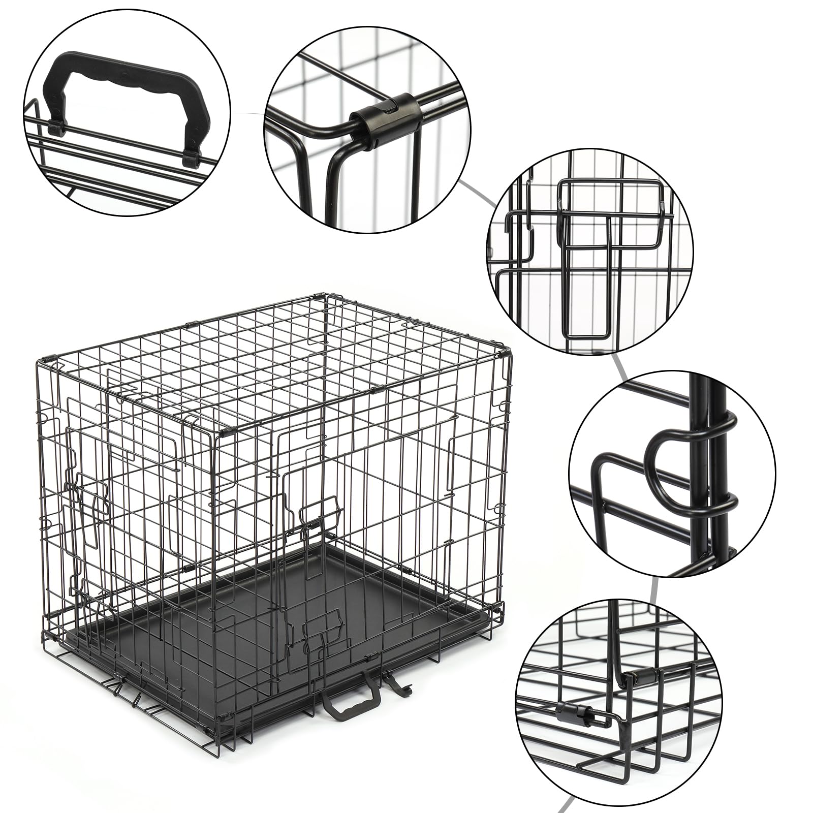 Bonnlo Cage de Chien Pliable avec 2 Portes Verrouillables et Plateau Amovible, Cage Chien en Métal, Cage de Transport pour Chien, Noir, 60 x 43 x 50 cm