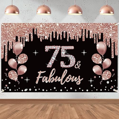 Decoraciones de cumpleaños número 75 y fabuloso cartel de cumpleaños para mujer, color oro rosa con temática de cumpleaños número 75, suministros de