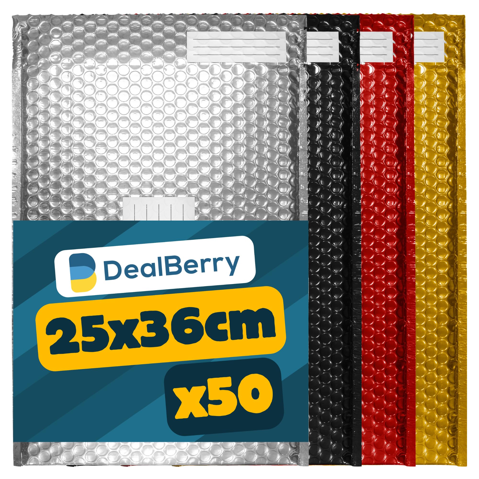 50 Pack Metallic Bubble Envelopes | Large Padded Envelopes | Bubble Wrap Envelope | Packaging Bags | | Bubble Mailer | Ideal for Small Business | Assorted Colours (Size H - Pack of 50)