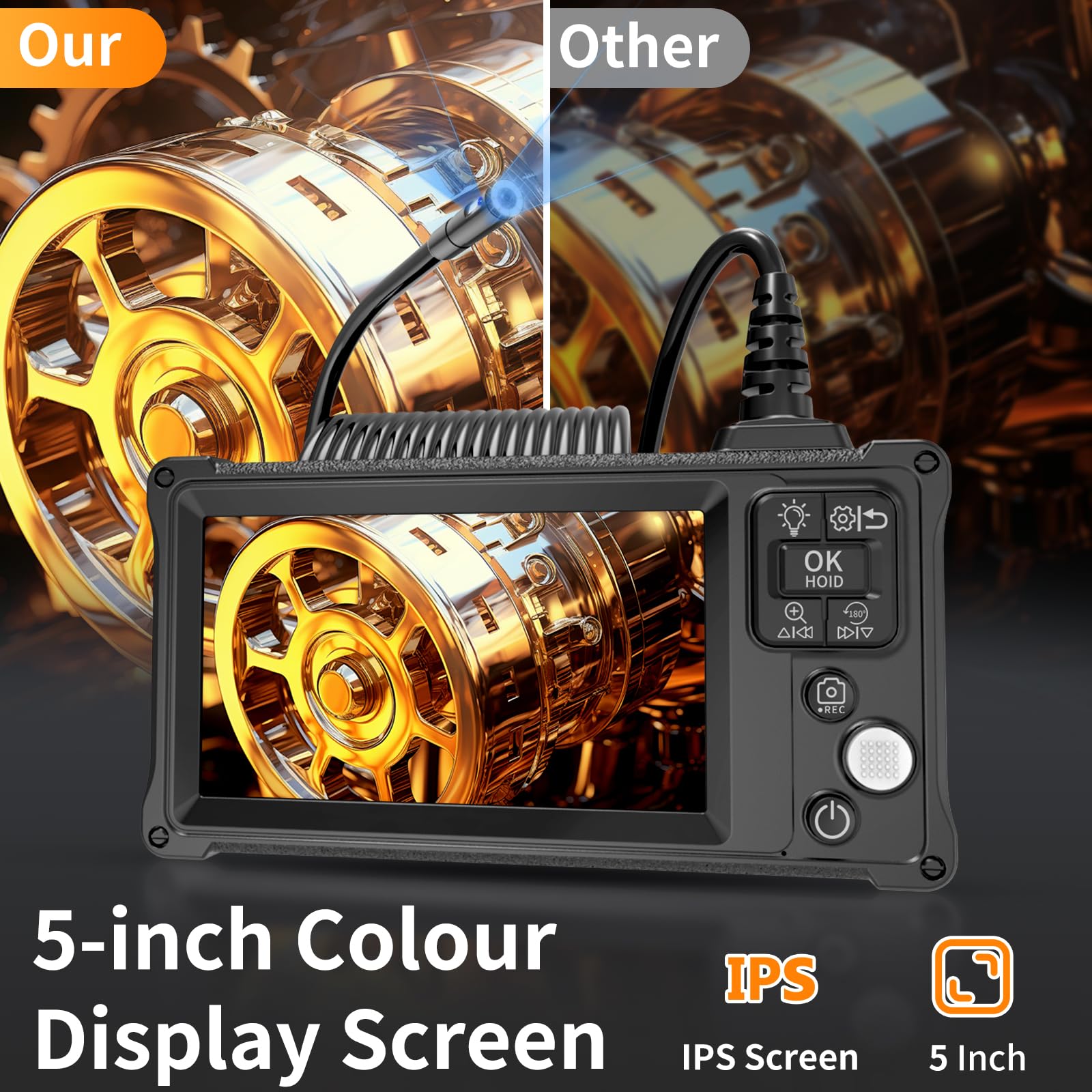 Kamera inspekcyjna endoskopowa z dwoma obiektywami, Ennovor 5.0'' IPS Boroskop z 8+1 diodami LED, wodoodporne kamery inspekcyjne IP67, kamera odpływowa 1920P HD, półsztywny kabel, gadżety dla mężczyzn