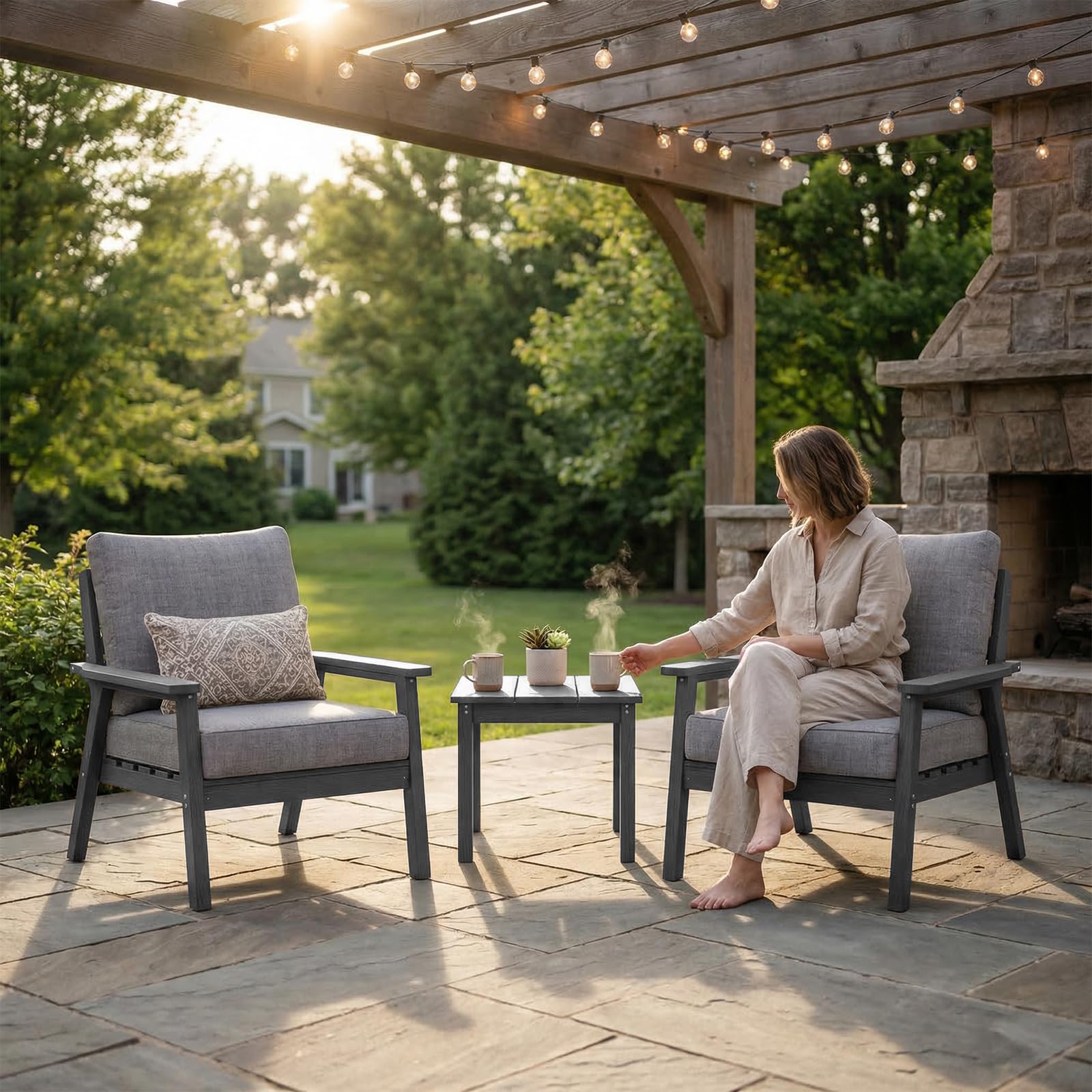 LOUNZY HDPE Patio Conversation Set, 3 pcs Sectional Outdoor Furniture Set, All Weather Outdoor Couch Set Patio Furniture Set for Deck, Lawn, Black