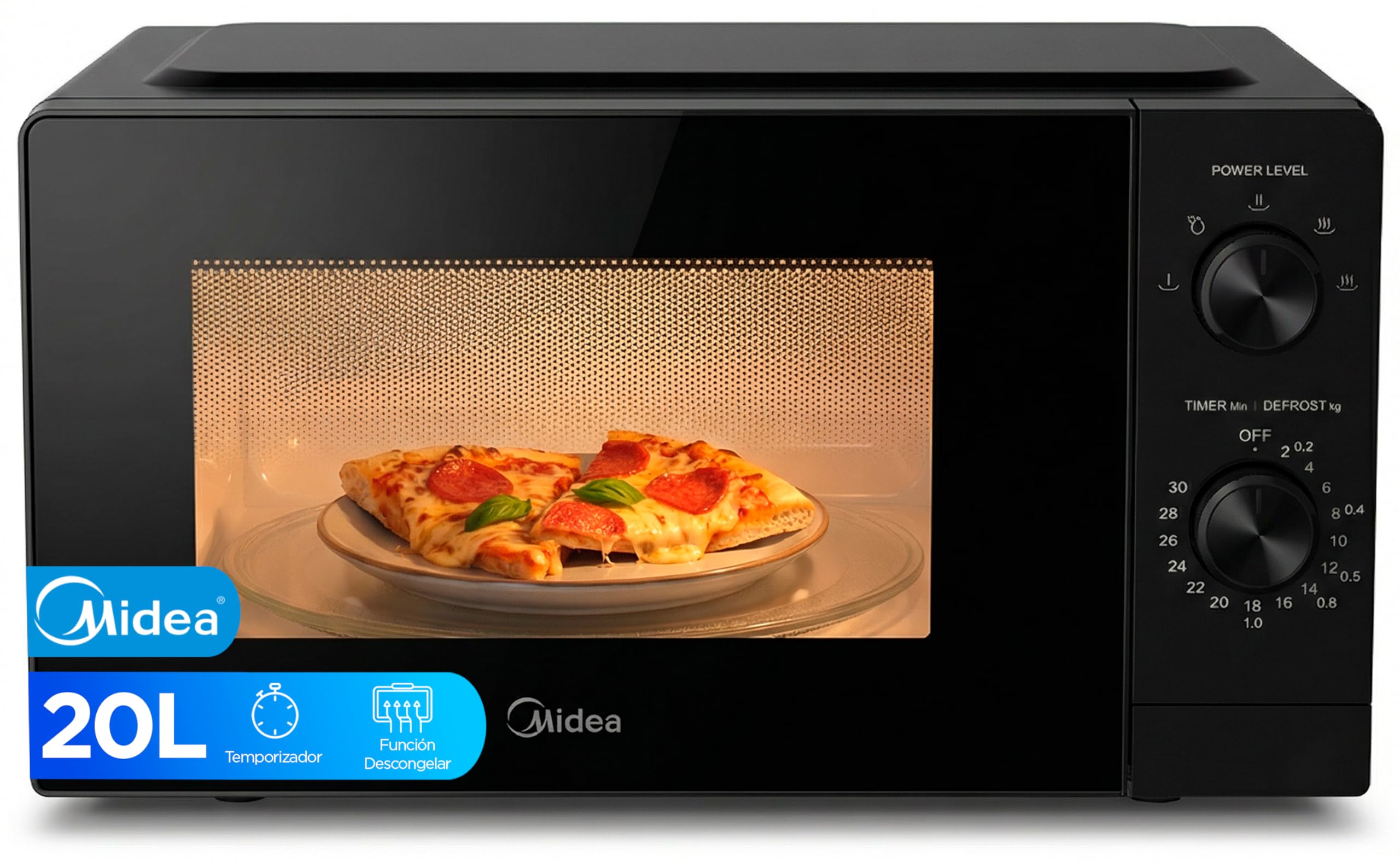 Midea Micro-ondes 20 litres et 700 W de puissance | Four à micro-ondes noir de table avec plaque tournante, fonction de décongélation, 5 niveaux de puissance | Micro-ondes avec minuterie