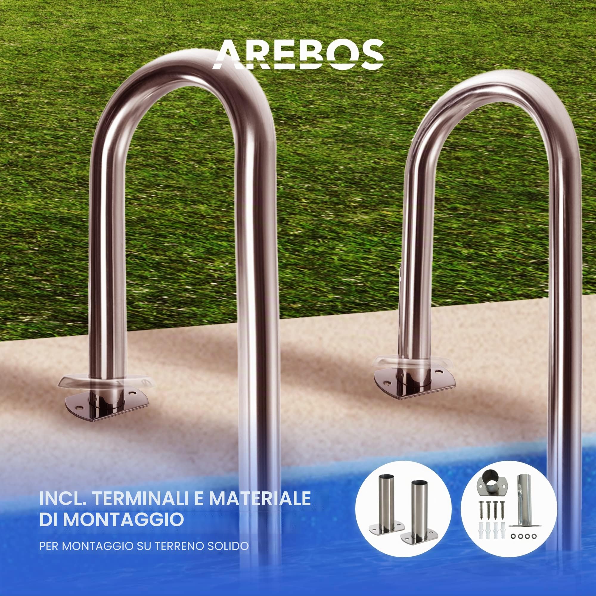 Arebos Scaletta in acciaio inox a 3 o 4 gradini | con cuscinetti antiscivolo sui pioli | 3 livelli