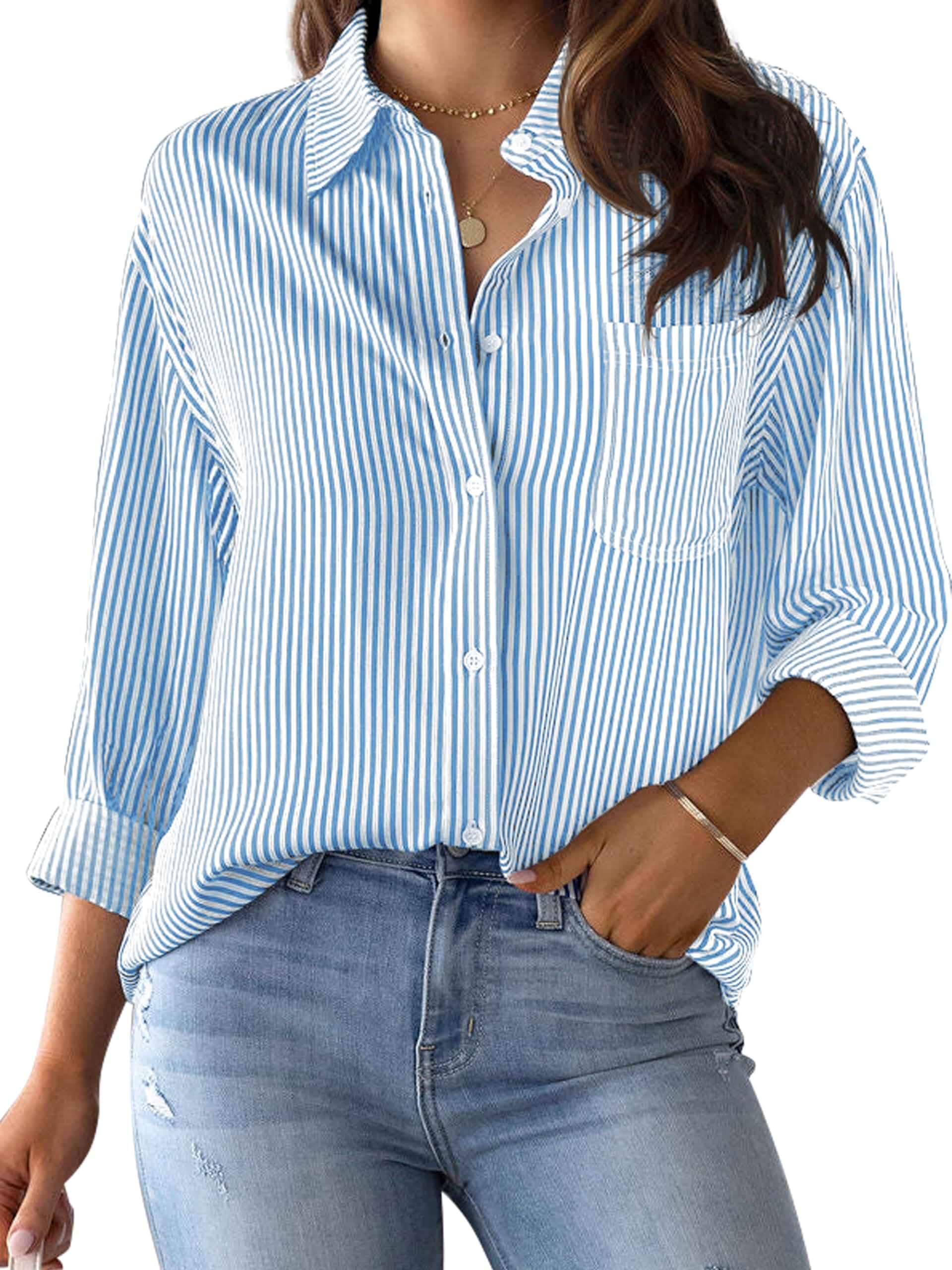 CUNLIN Women's Wrinkle-Resistant Striped Long Sleeve Button Down Shirt Regular Fit,Business Casual,Cotton Blend,Lightweight,Breathable,Easy Care,Perfect for work,weekends,vacations and travel