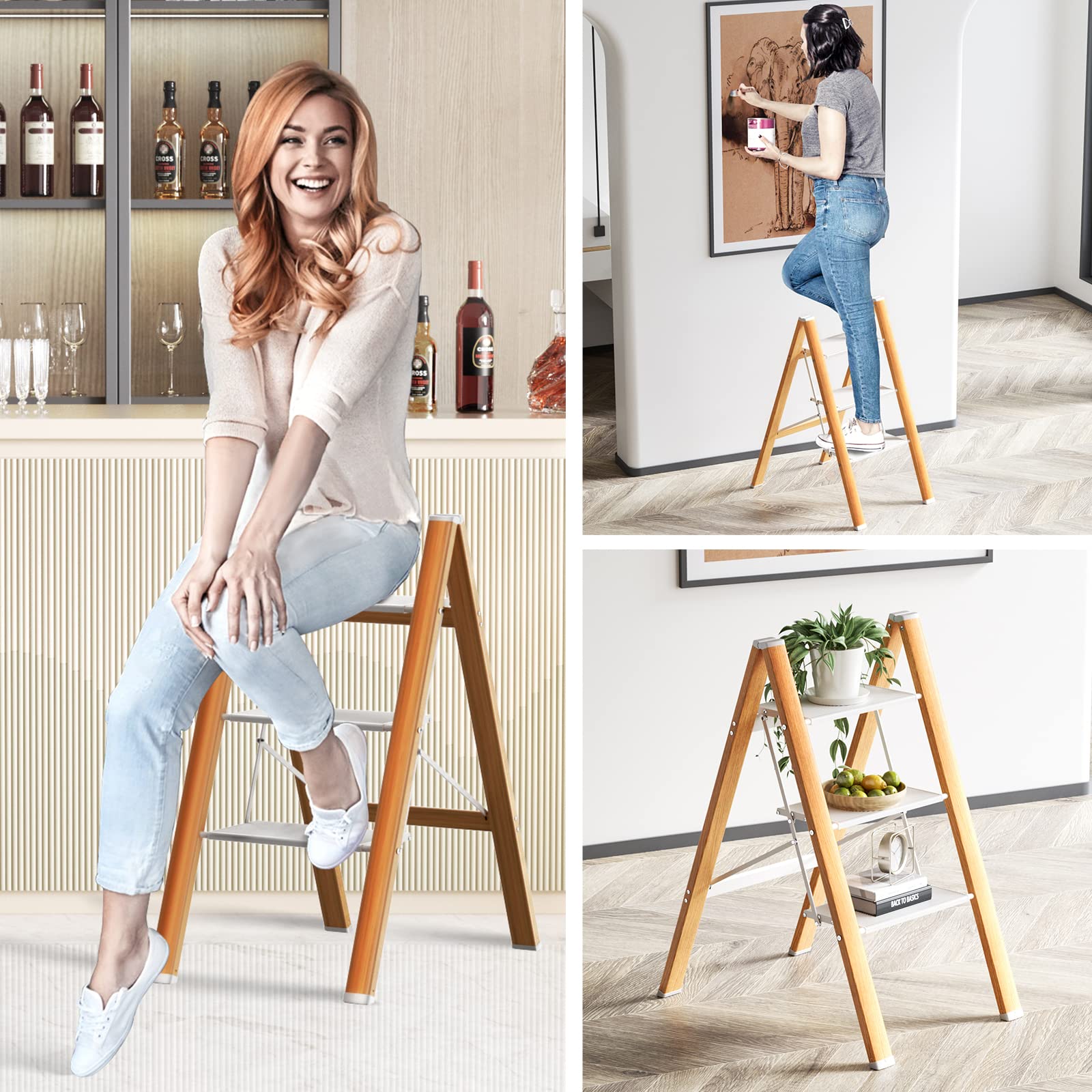 3 Step Ladder Folding Ladder Stool Portable Storage Rack Lightweight Aluminum Wide Anti Slip Pedal Multifunctional Household Adults & Kids Stepladder Wood 330lb