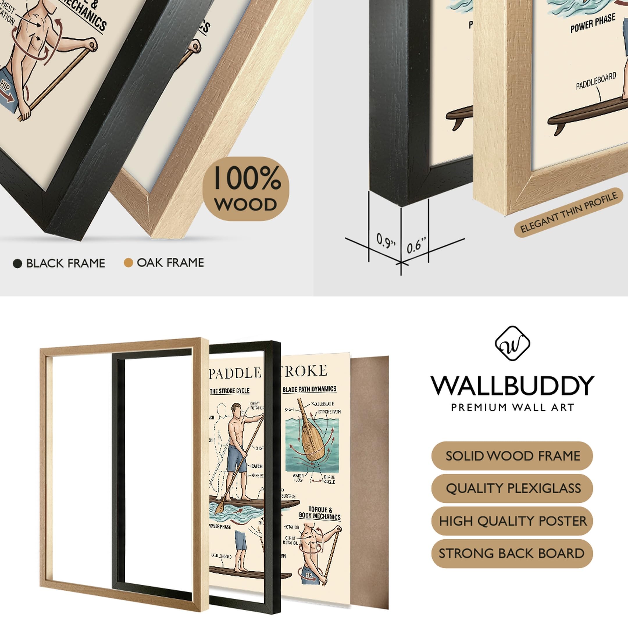 Wallbuddy Arte de pared de técnica de paddleboard (30 x 40 cm, Marco Black)
