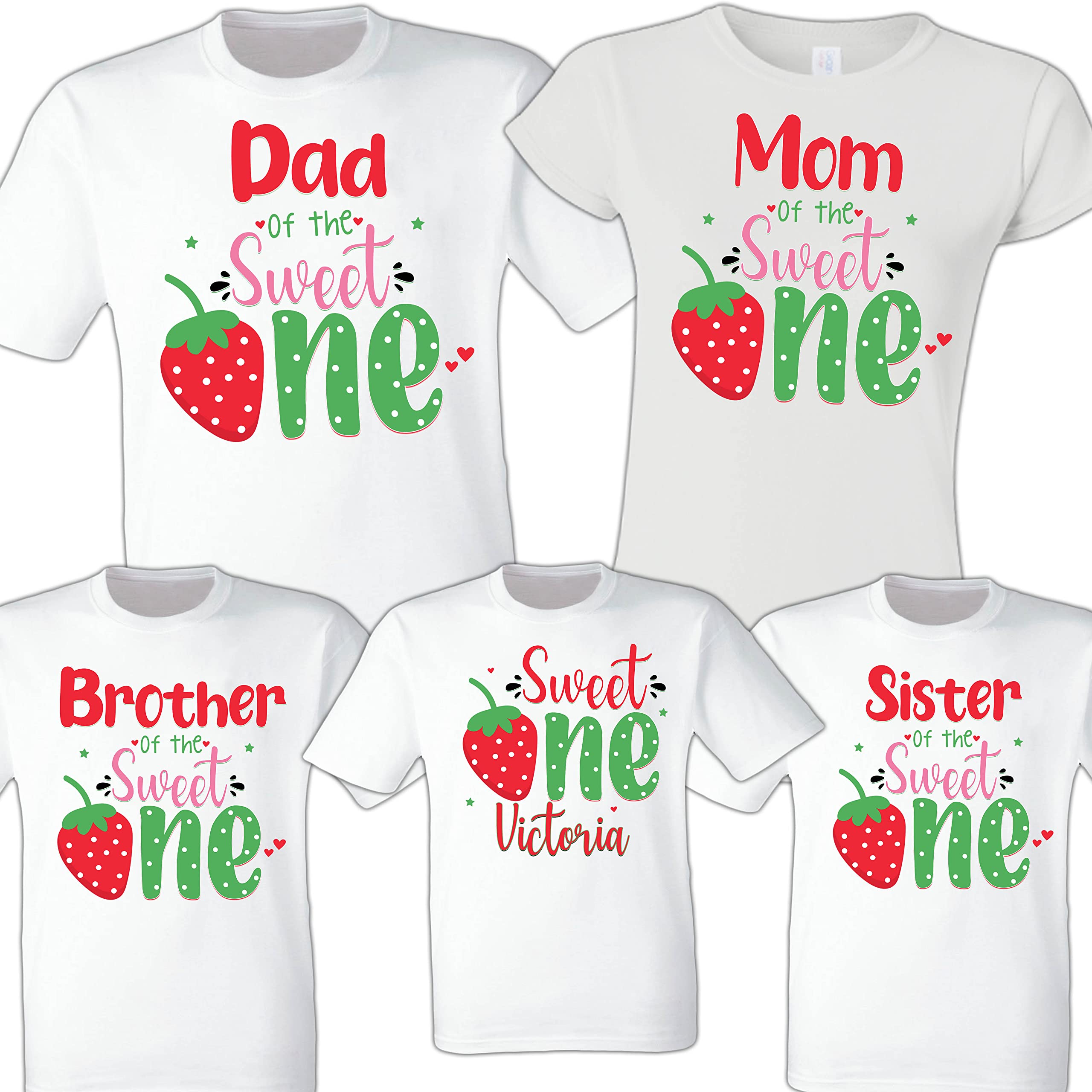 Generic Strawberry 1st Birthday Matching Family Shirts - One Sweet Strawberry Birthday Party - Mom, Dad, Girl - Black, White, Blue - Short Sleeve -
