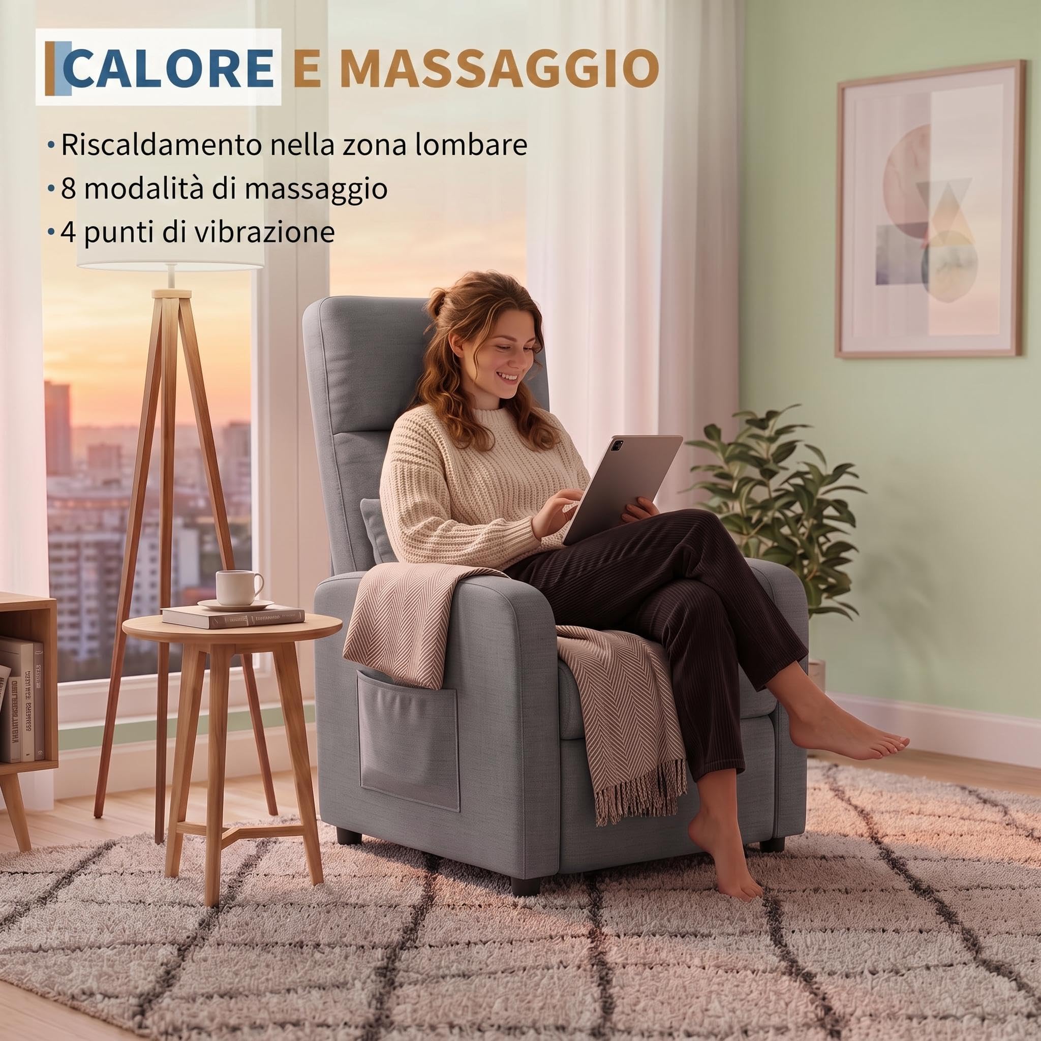 Litake Poltrona Relax Elettrica Reclinabile con Massaggio e Riscaldamento - Schienale e Poggiapiedi Regolabili - Imbottitura Spessa in Tessuto - Ideale per Soggiorno, Camera da Letto o Ufficio -
