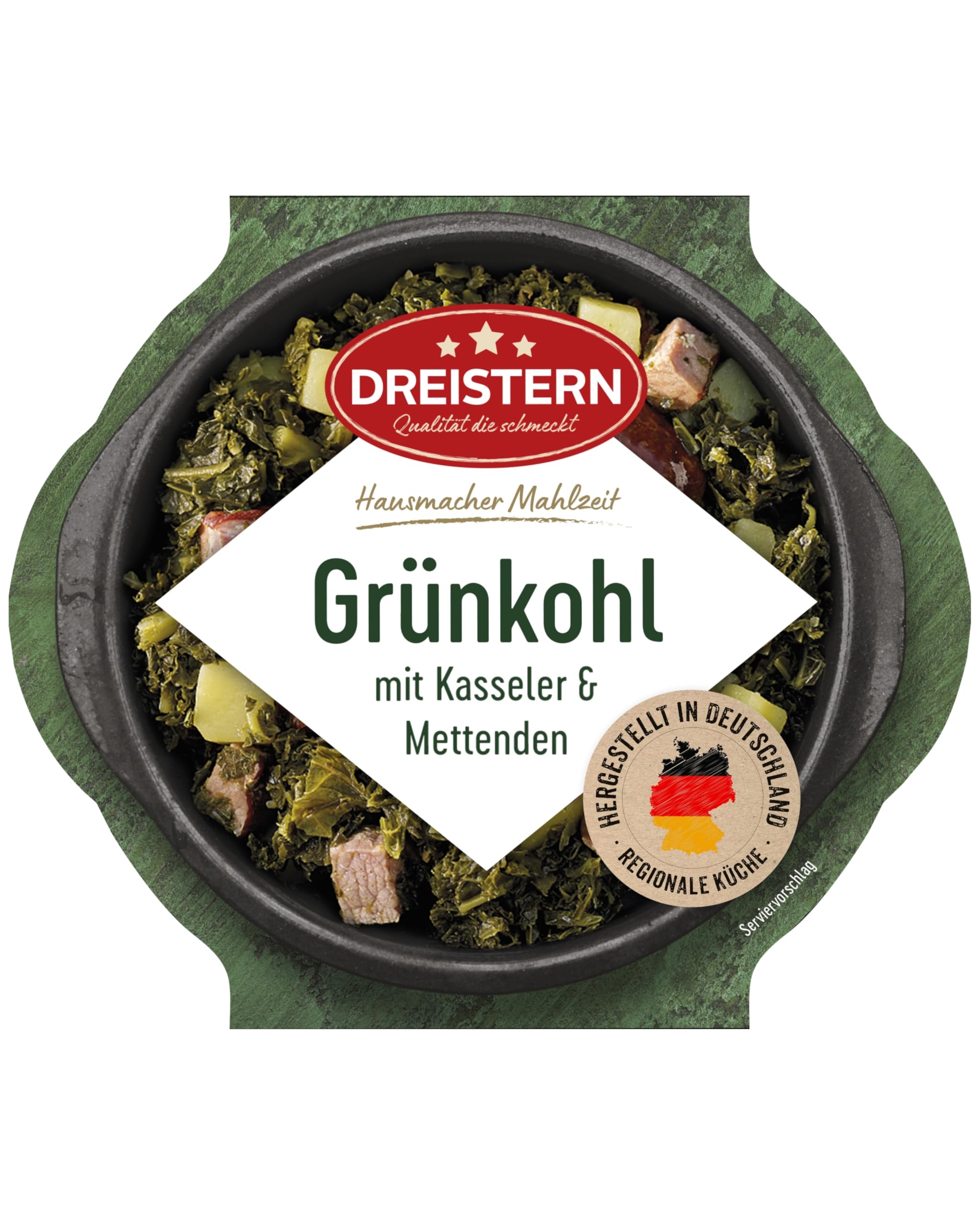 DREISTERN Grünkohl 400g I Mit Gemüse & Kartoffeln I Herzhaftes Fertiggericht in Mikrowellenschale I Lange Haltbarkeit dank natürlicher Konservierung I Hausmacher Qualität