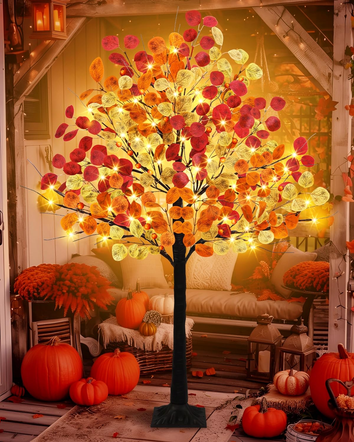 4FT Lighted Fall Eucalyptus Tree, Thanksgiving Decor Faux Fall Eucalyptus Tree with Timer Dimmable 8 Modes 48 LED Light Up Fall Artificial Tree with 288 Leaves for Home Indoor Outdoor Autumn