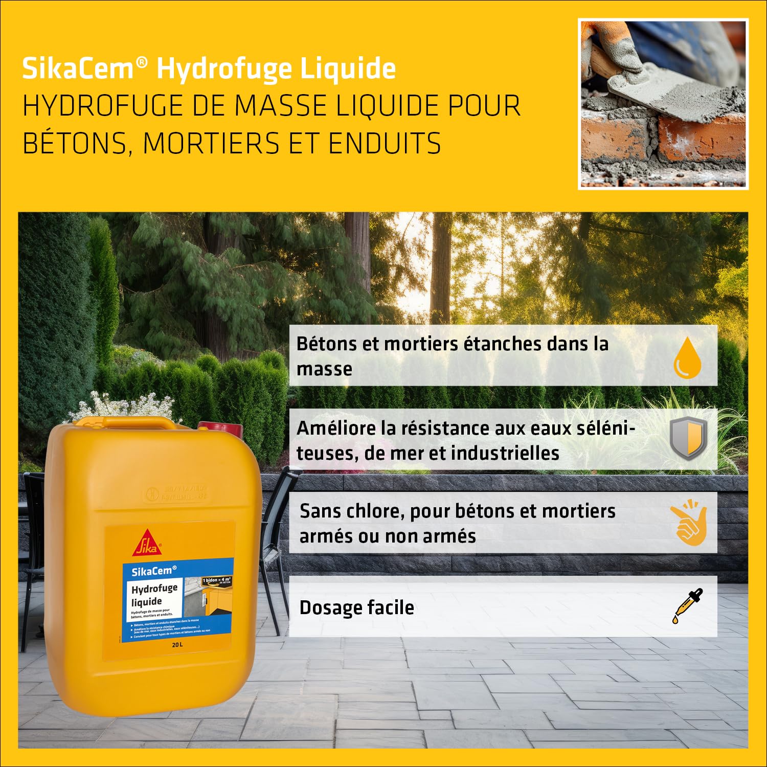 SIKA SikaCem Blanc Hydrofuge de Masse Liquide 20L pour bétons, mortiers et enduits