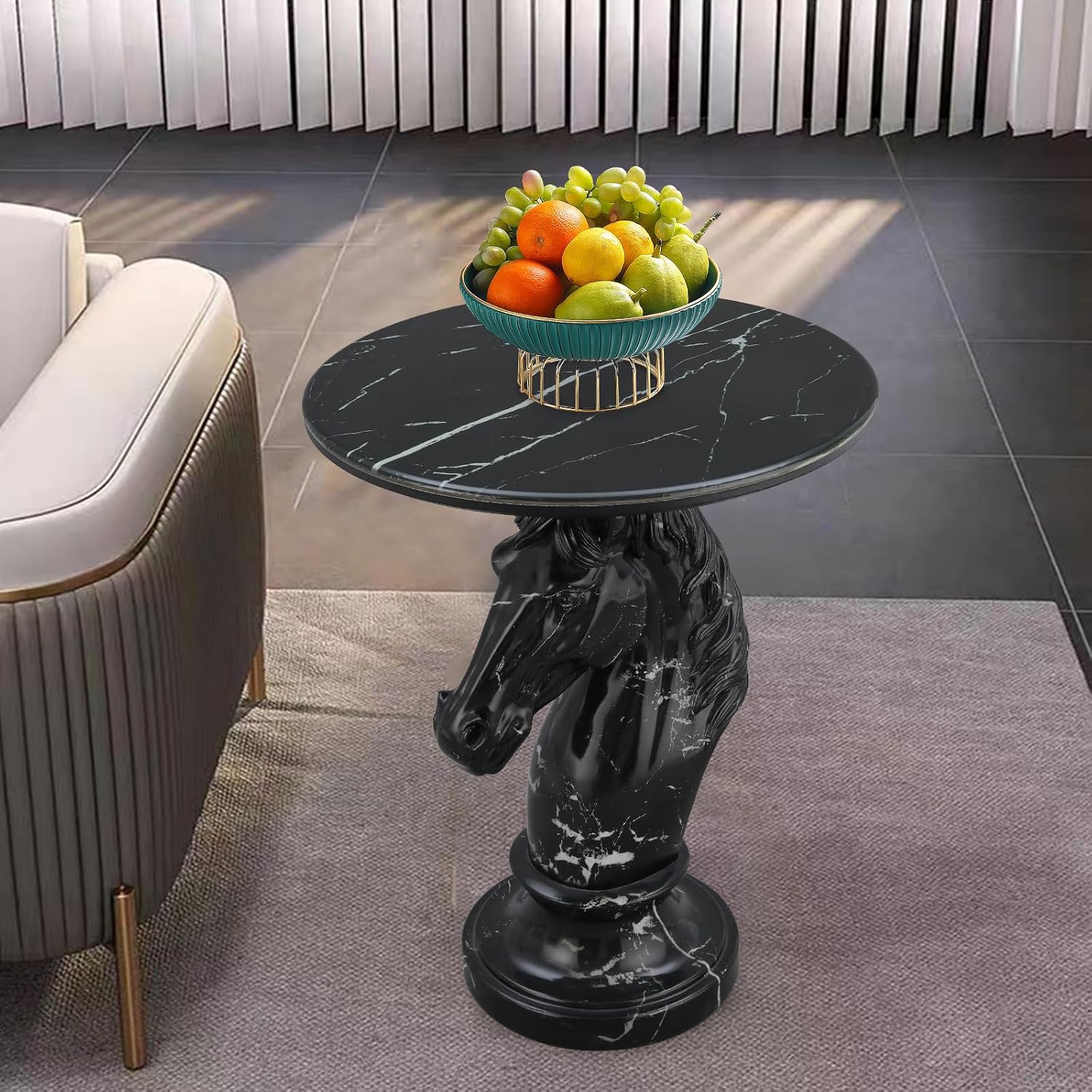 Majestic Horse Side Table, Obsidian Black Sculpture Accent Table with Faux Marble Top, Unique Animal Figurine Furniture for Home Office