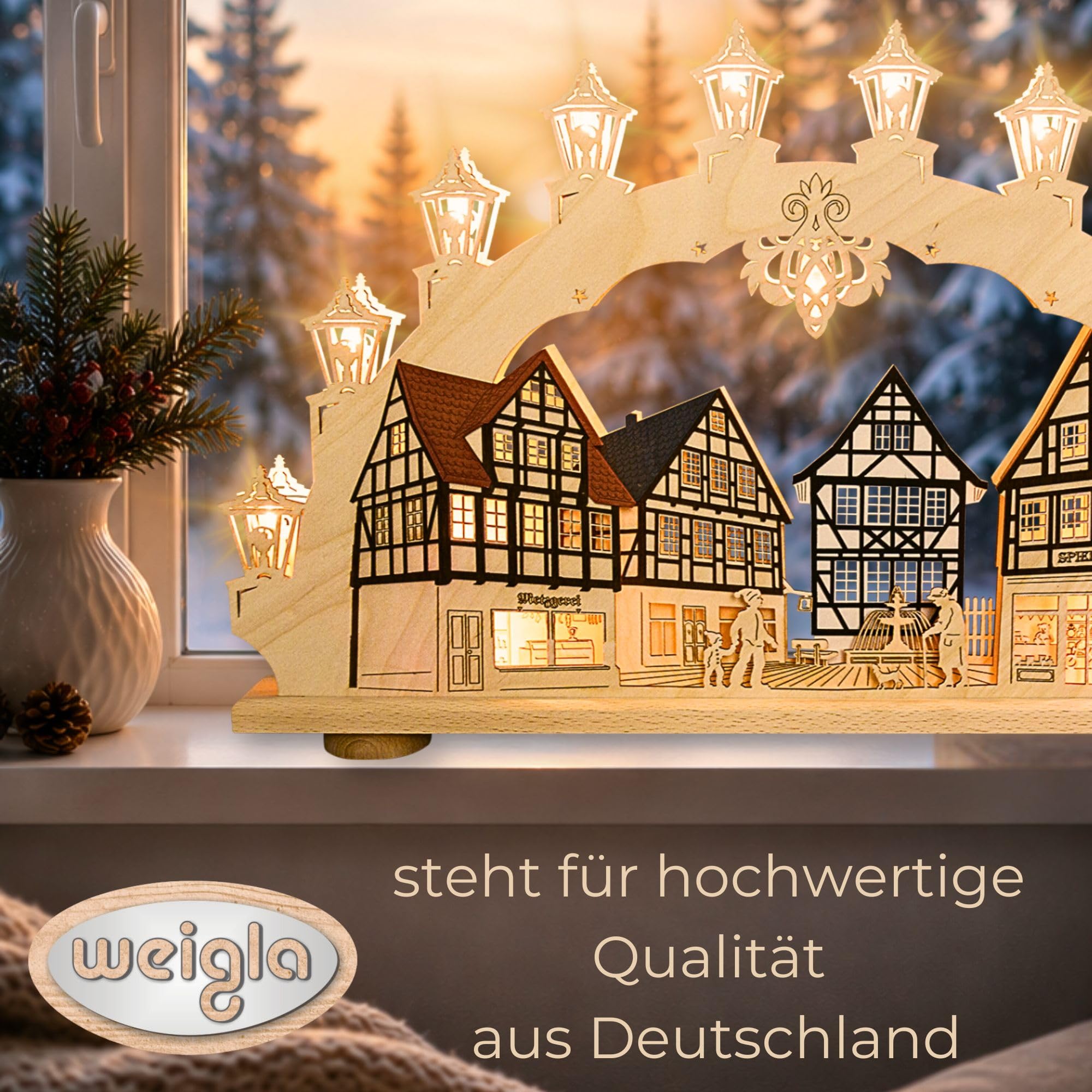 weigla - Schwibbogen original Erzgebirge I Motiv Altstadt I LED Lichterbogen Weihnachten I 15 Lampenkerzen + 1 Ersatzlampe I 15 x 16 V, 0,2 W, E10 I beleuchtete Weihnachtsdeko innen I aus Holz
