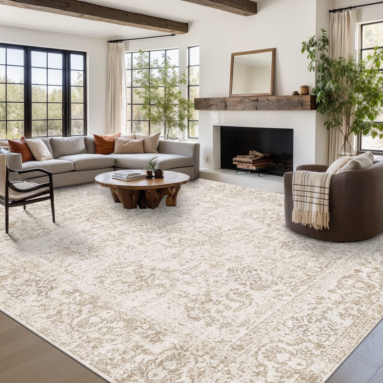 Rugxara 9x12 Extra Large Washable Area Rug, Soft Neutral Vintage Boho Rug for Living Room, Bedroom, Office, Farmhouse, Low Pile Imitation Wool Non