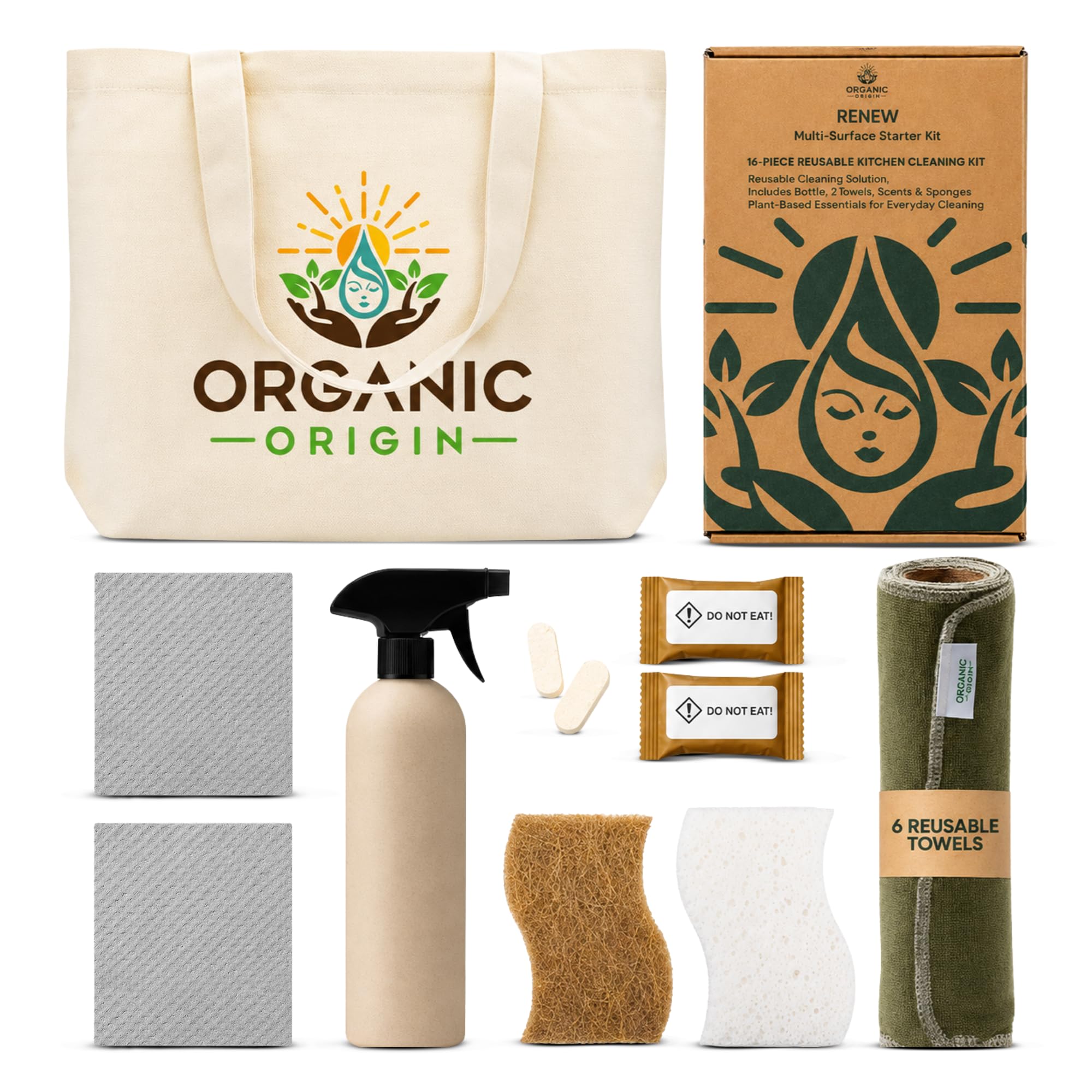 Organic Origin - Kit de limpieza de cocina, 14 piezas, paños de cocina suecos, esponja para platos, esponjas de cocina, toallas de papel reutilizables, tabletas limpiadoras multiusos