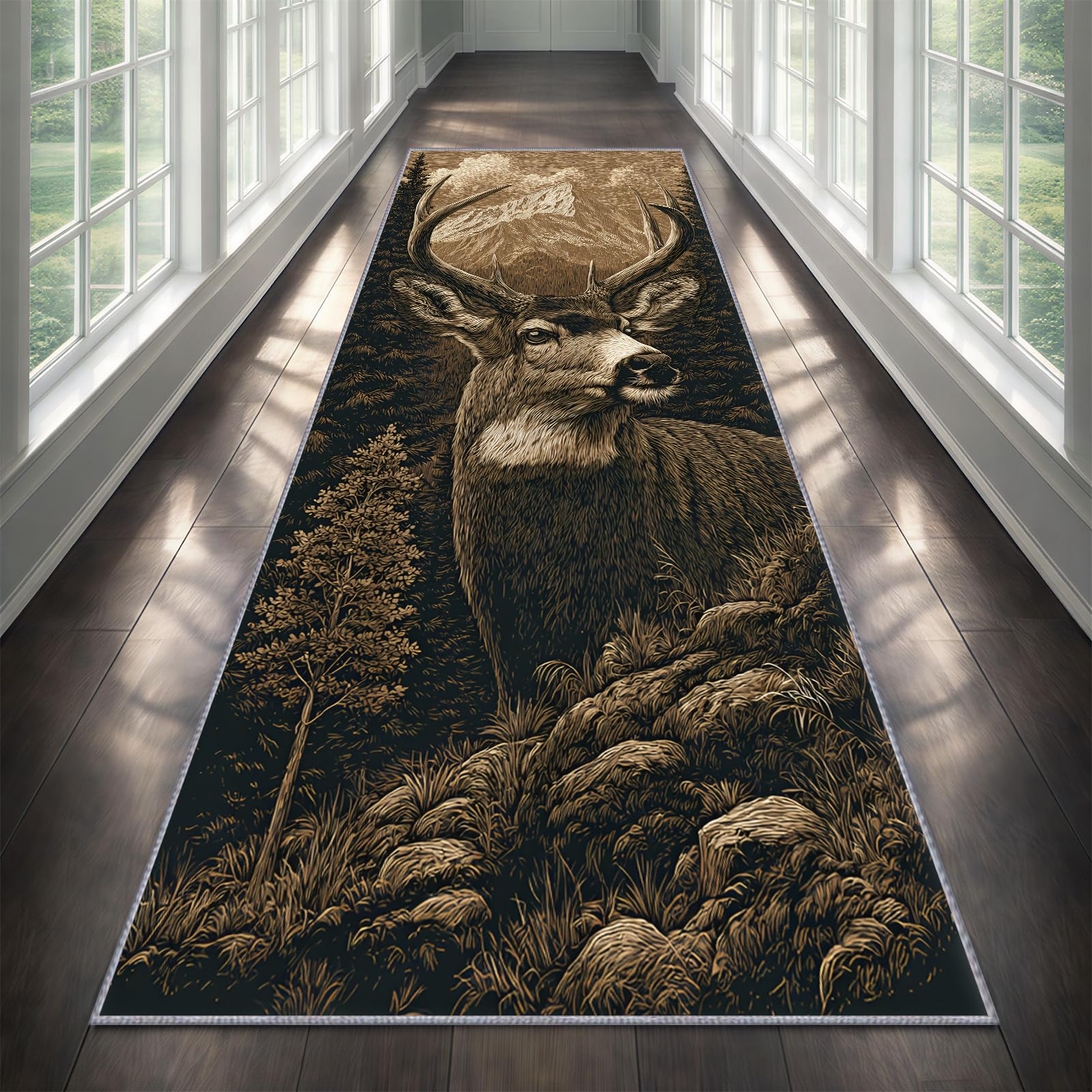 YEMYOR Deer Carpet Runner 60x200cm, Deer Hunting Runner Rug for Entryway, Rustic Farmhouse Long Carpet, Washable Non-Slip Rug for Kitchen Hallway Bedroom