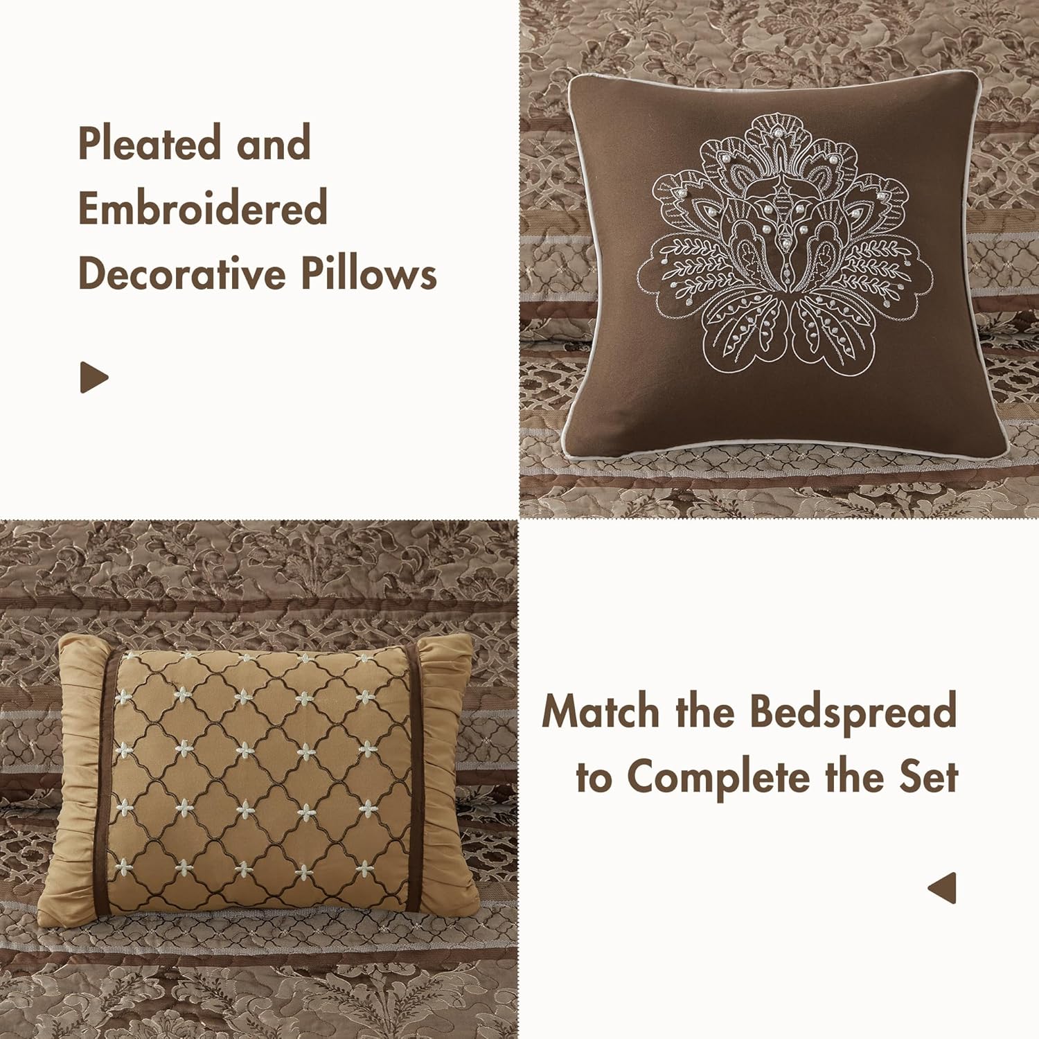 Madison Park Bellagio Reversible Quilted Bedspread Set, Solid Reverse Summer Breathable, Lightweight All Season Bedding Layer, Matching Shams, Bedspread King(120"x118"), Brown 5 Piece - Image 4