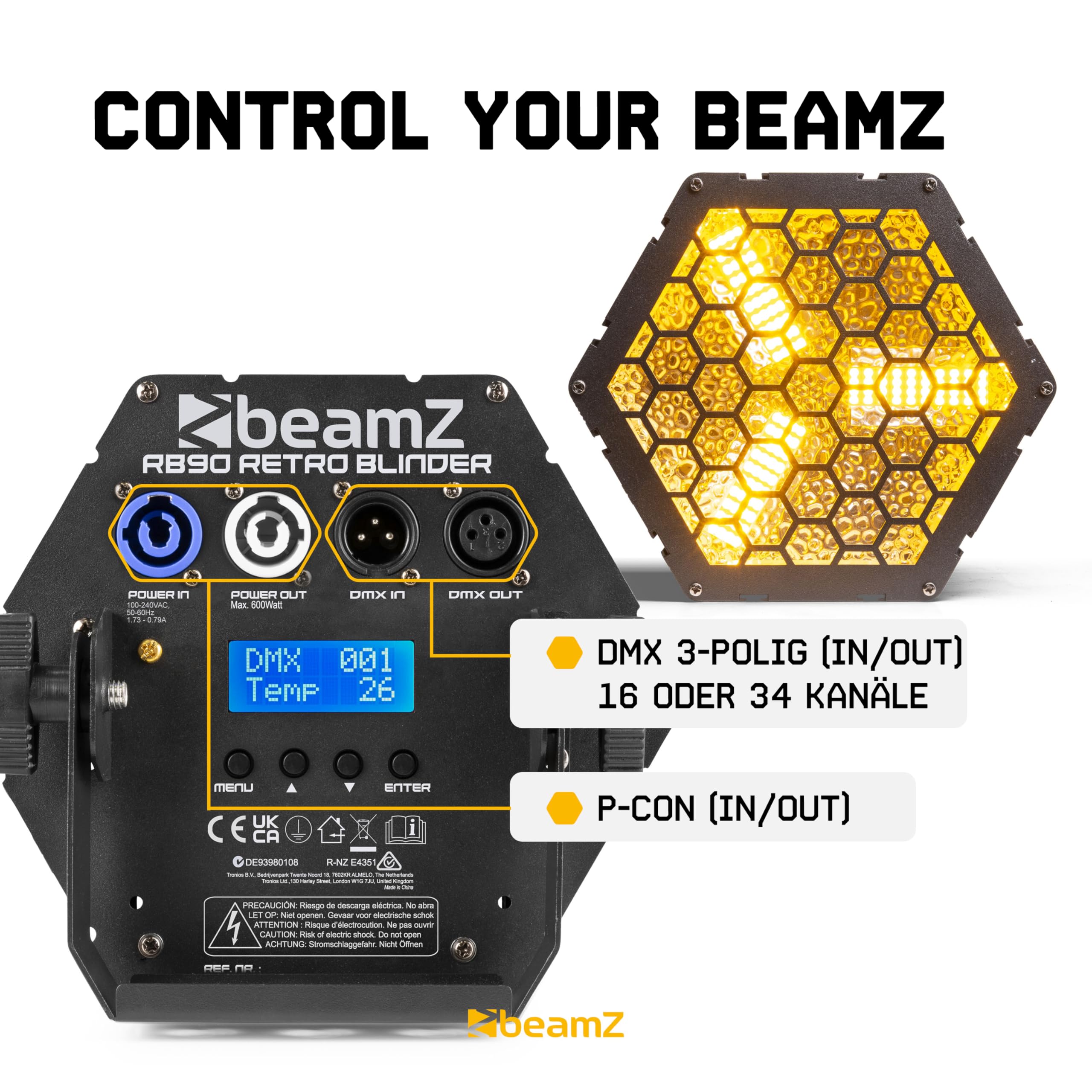 BeamZ RB90 6er Set Retro Stage Blinder 3 x 30 Watt LED Effektstrahler DMX Licht, 3-in-1 Bühnenlicht Deko DJ Lichtanlage Party, Lichtorgel Warmweiß, 72x RGB-SMD-LEDs, Stroboskop, Disco Beleuchtung