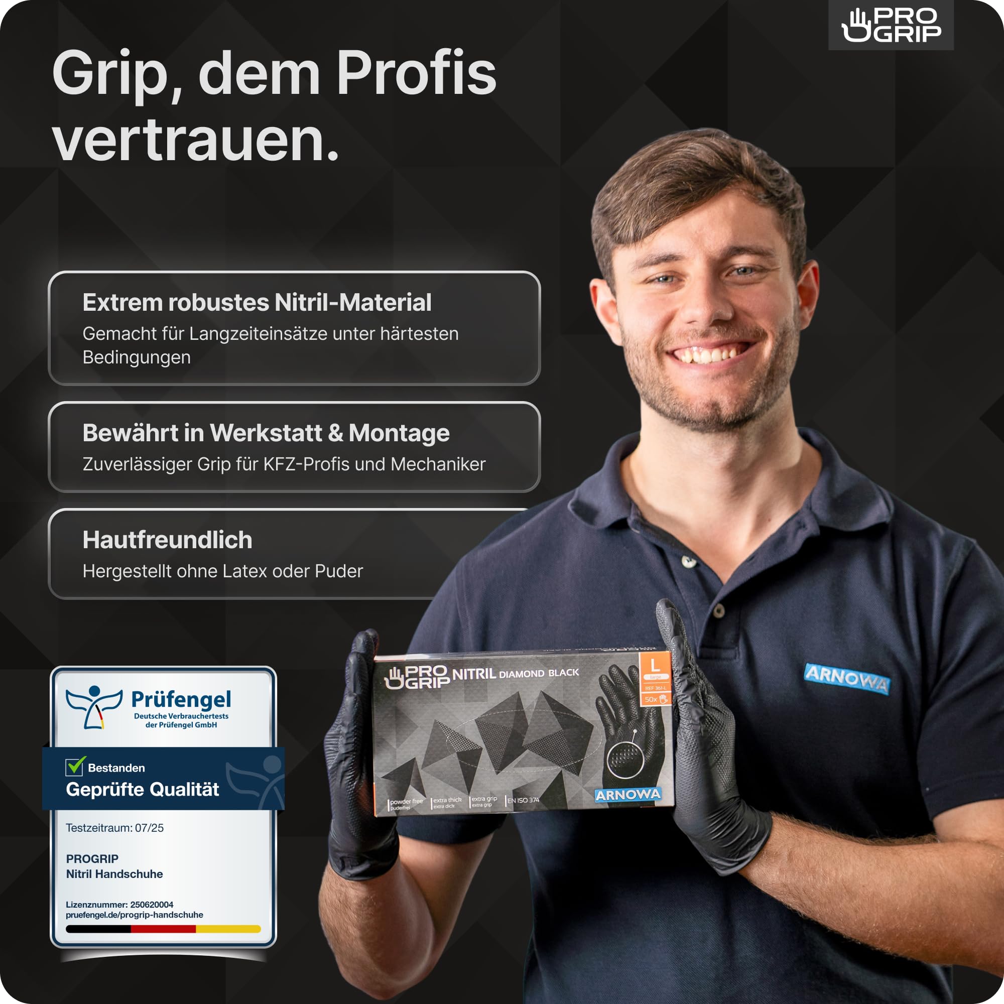 50x PROGRIP Einweghandschuhe Diamant Grip Schwarz, Nitrilhandschuhe L | Einmalhandschuhe Extra Stark, Handschuhe Einweg griffig, latexfreie Arbeitshandschuhe für Werkstatt & Montage M, L, XL, XXL