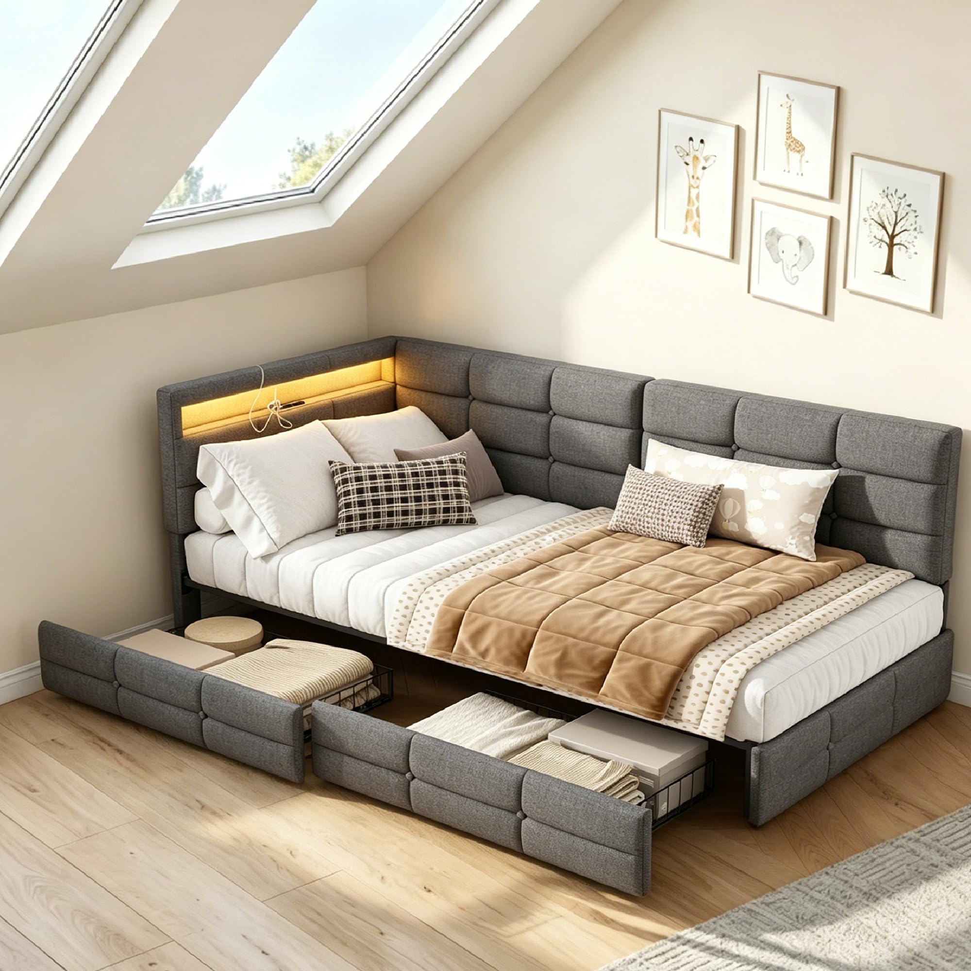 DULRLLY sofa do spania 90 x 200 cm z półką do przechowywania, tapicerowana sofa z oświetleniem LED i portami USB, nowoczesne łóżko piętrowe dla 1 osoby, wielofunkcyjne łóżko 90x200 z stelażem, pościel