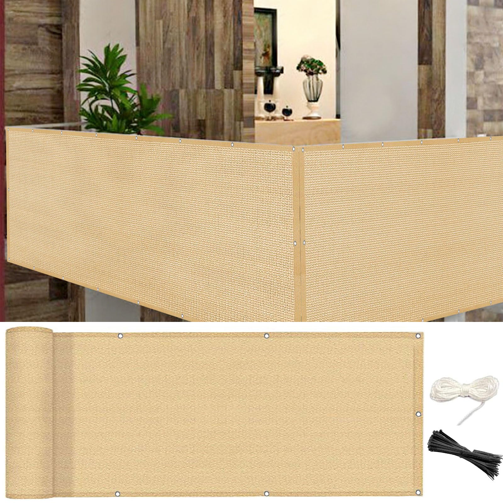 Brise vue balcon 65x390 cm en HDPE jaune sable résistant aux UV